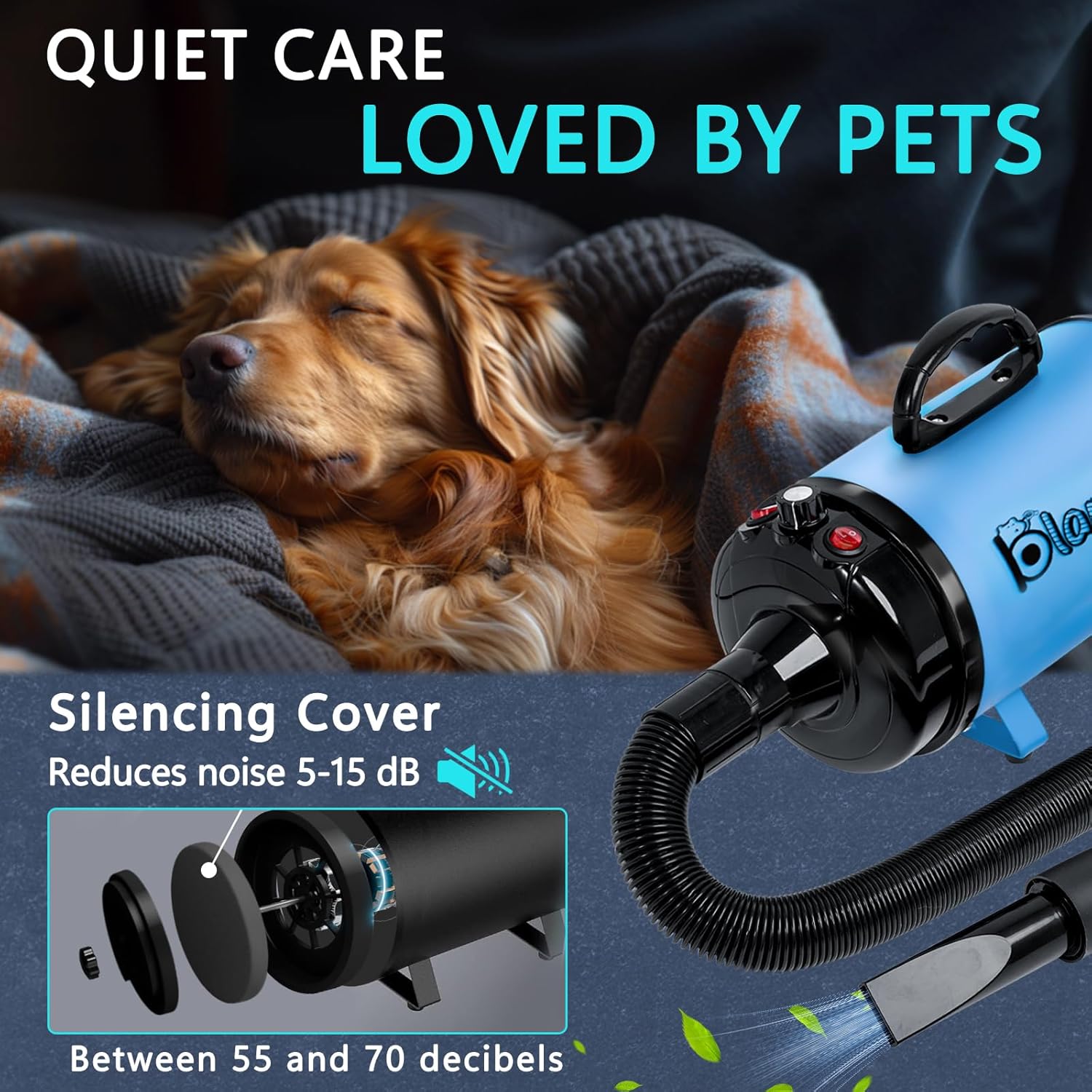Detalle de Blanlody Dog Hair Dryer Blaster 3800W pet grooming dryer with low-noise heating, 4 nozzles and brush
