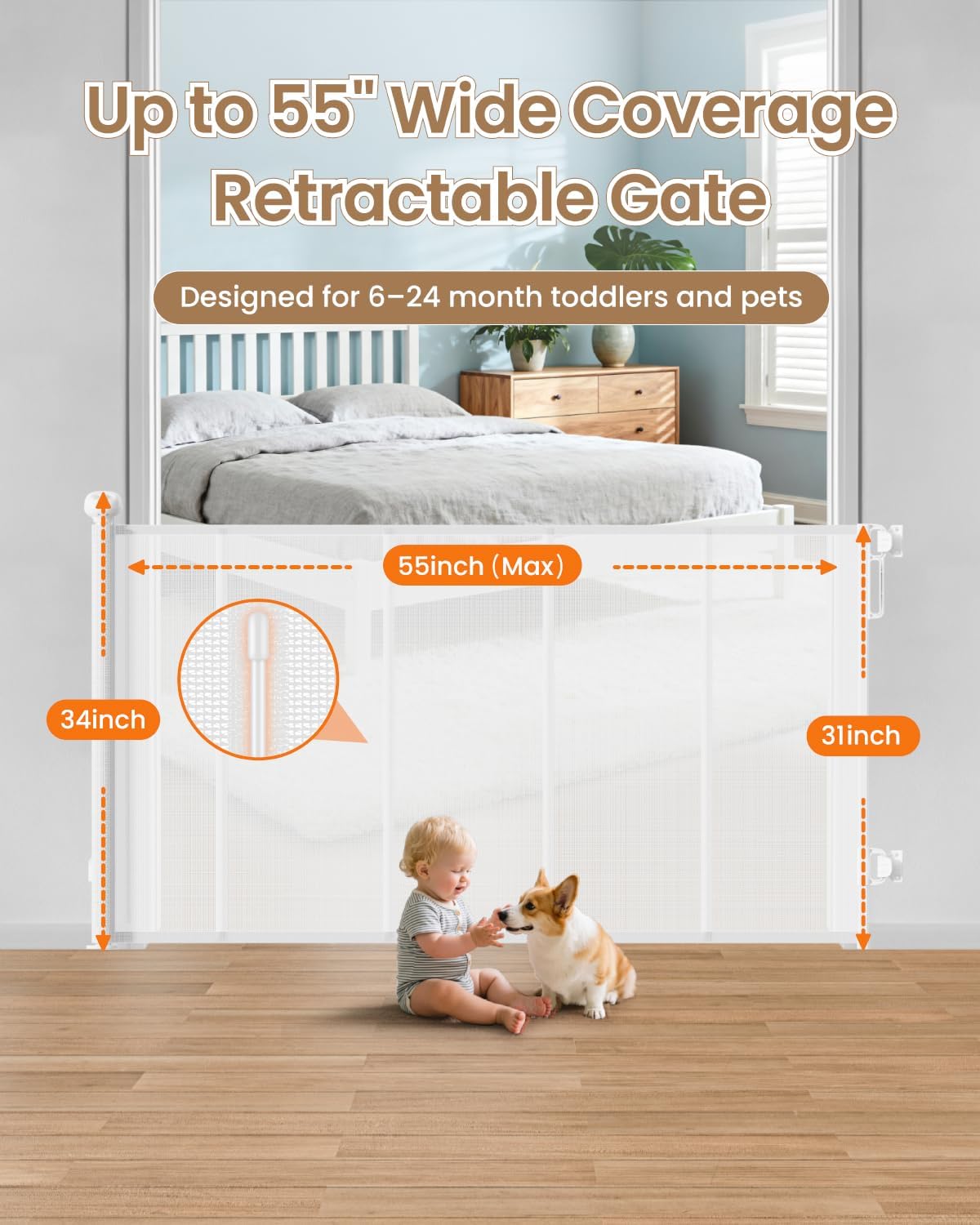 Detalle de BBsecure SG025 Retractable Mesh Baby Gate, 55-Inch Wide, 34-Inch Tall