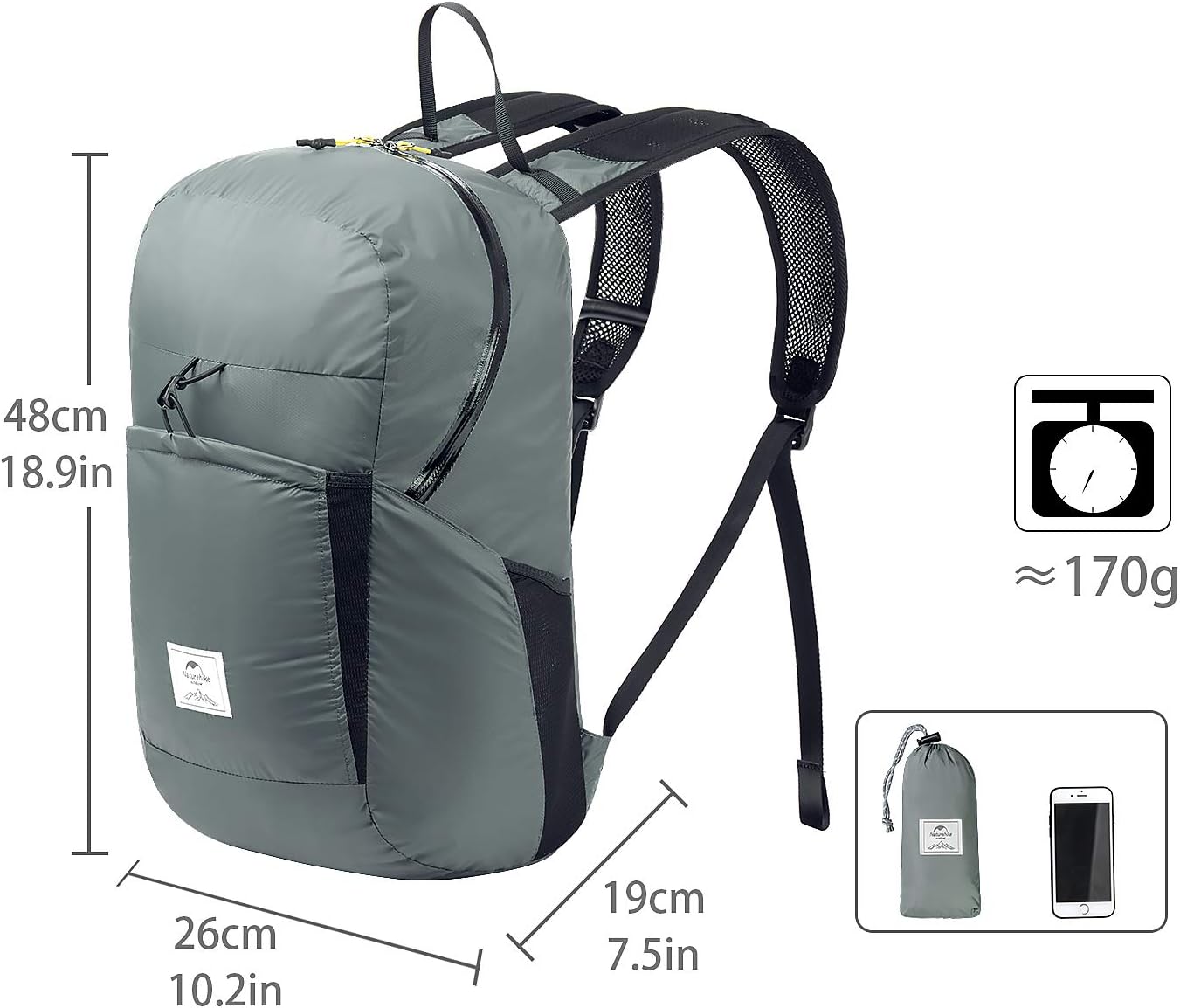 Thumbnail 1 de Naturehike Sac à dos Pliable 25L en Nylon 30D Ultra-léger, Étanche et Compact Gris