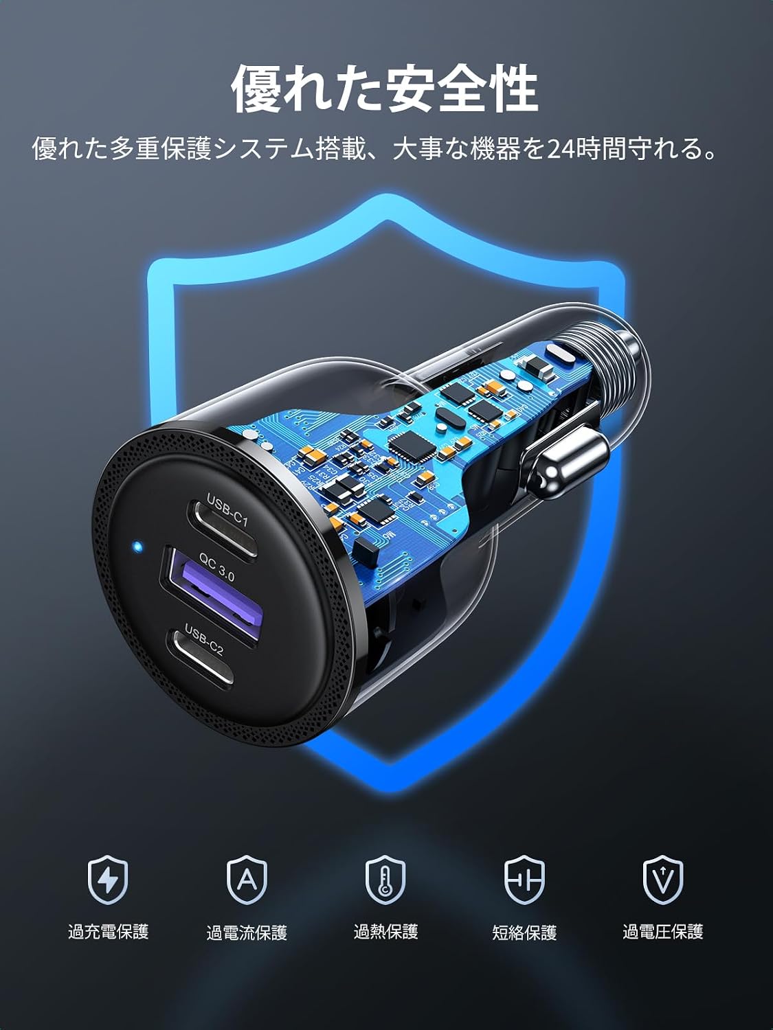 Detalle de UGREEN 75W 3ポート車載充電器 USB-C×2・USB-A搭載、PD 3.0/PPS対応