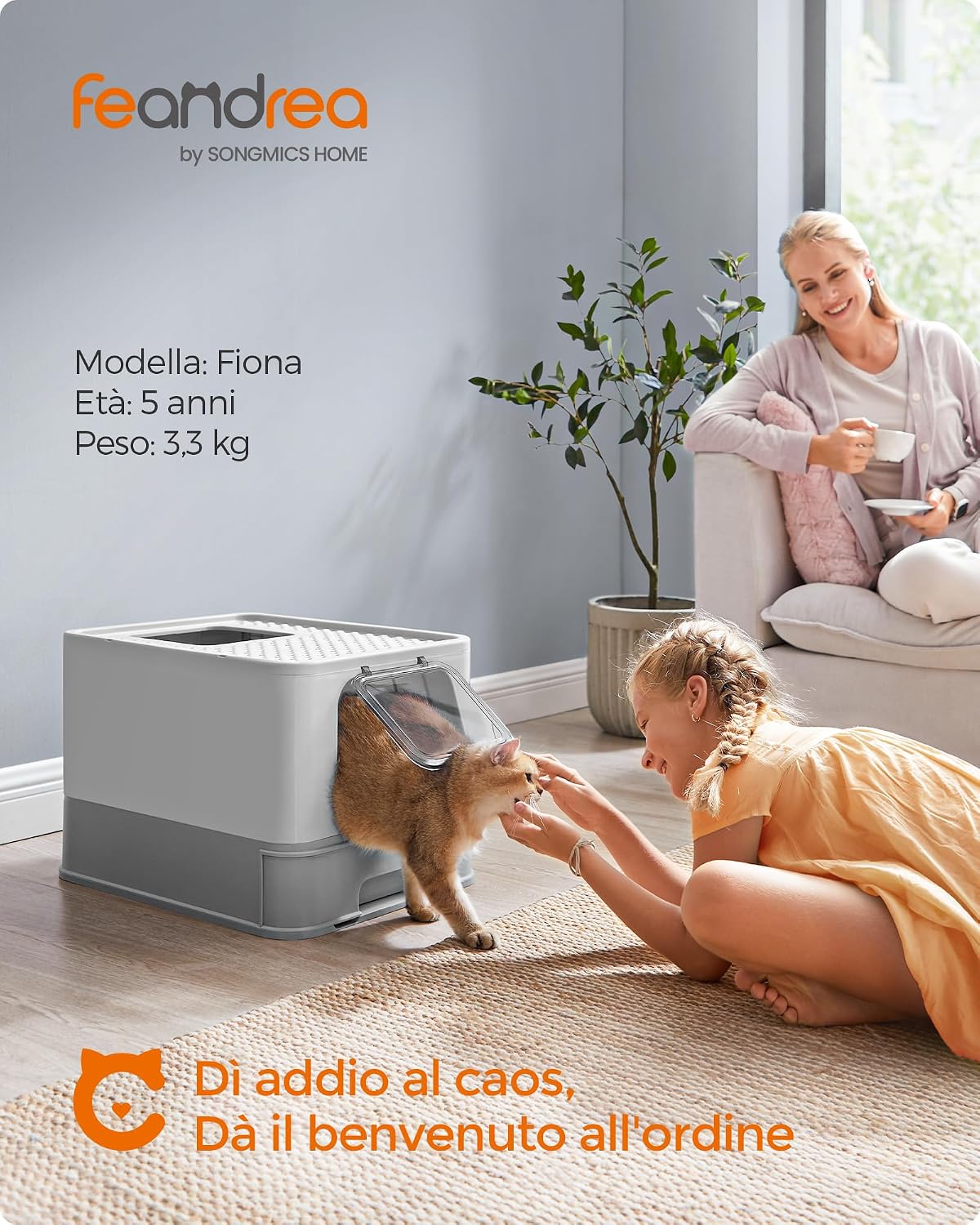 Detalle de Feandrea Lettiera per Gatti Nascosta PPT001GD03 — Casetta con Vassoio Estraibile e Accessori