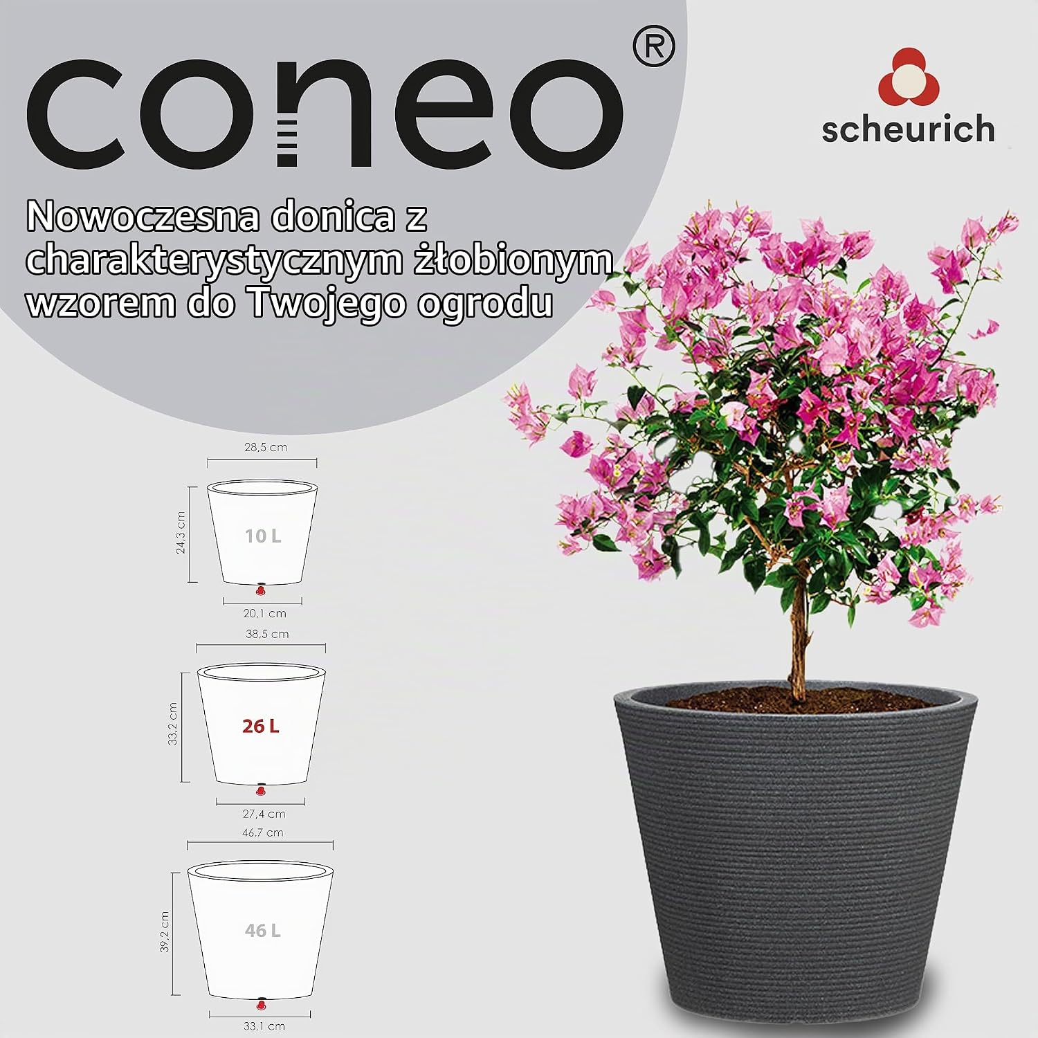 Detalle de Scheurich Coneo 57547 – donica 26 l, czarny granit, Ø 40 cm