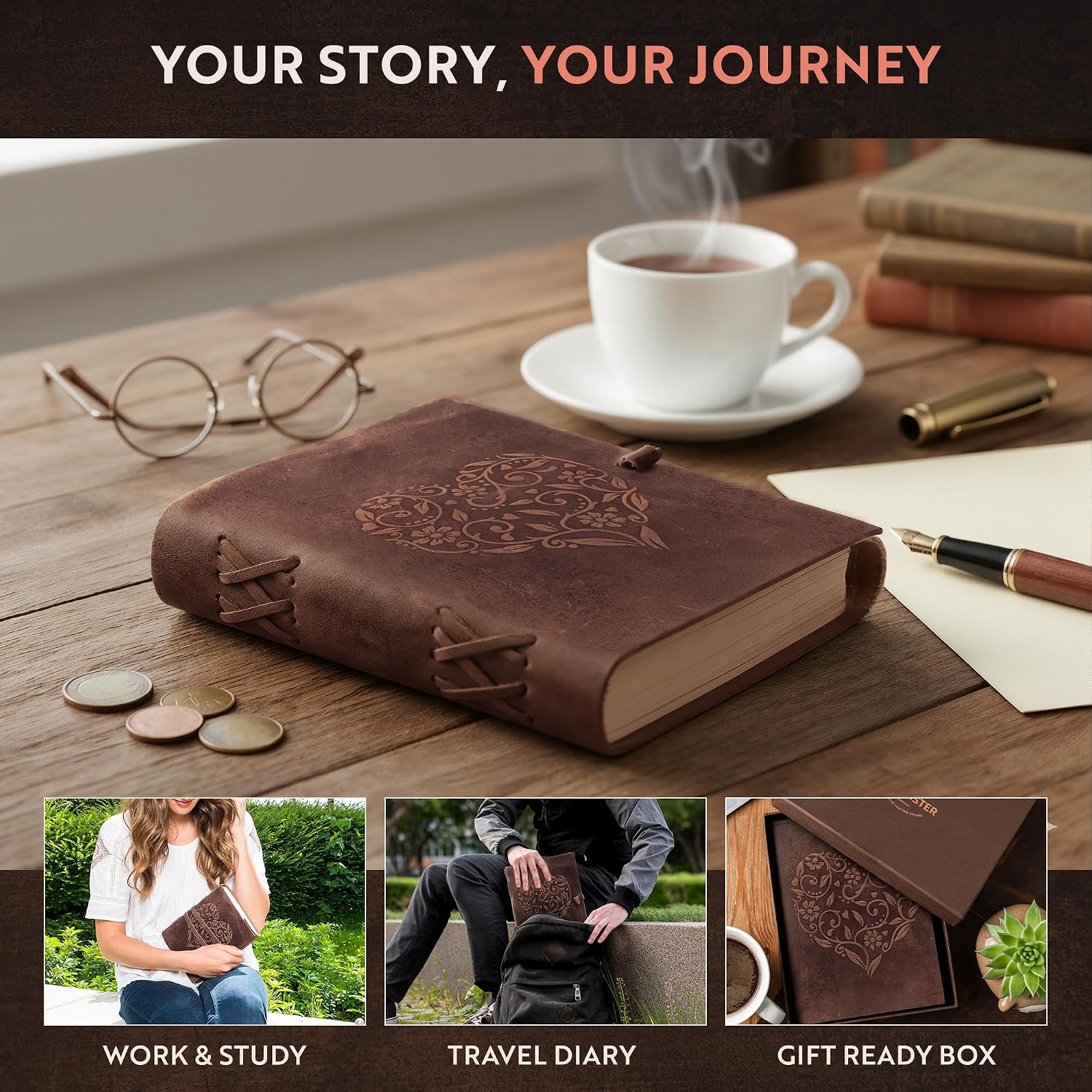 Detalle 2 de Moonster Vintage Leather Journal with Heart Cover – Refillable 8x6 Notebook