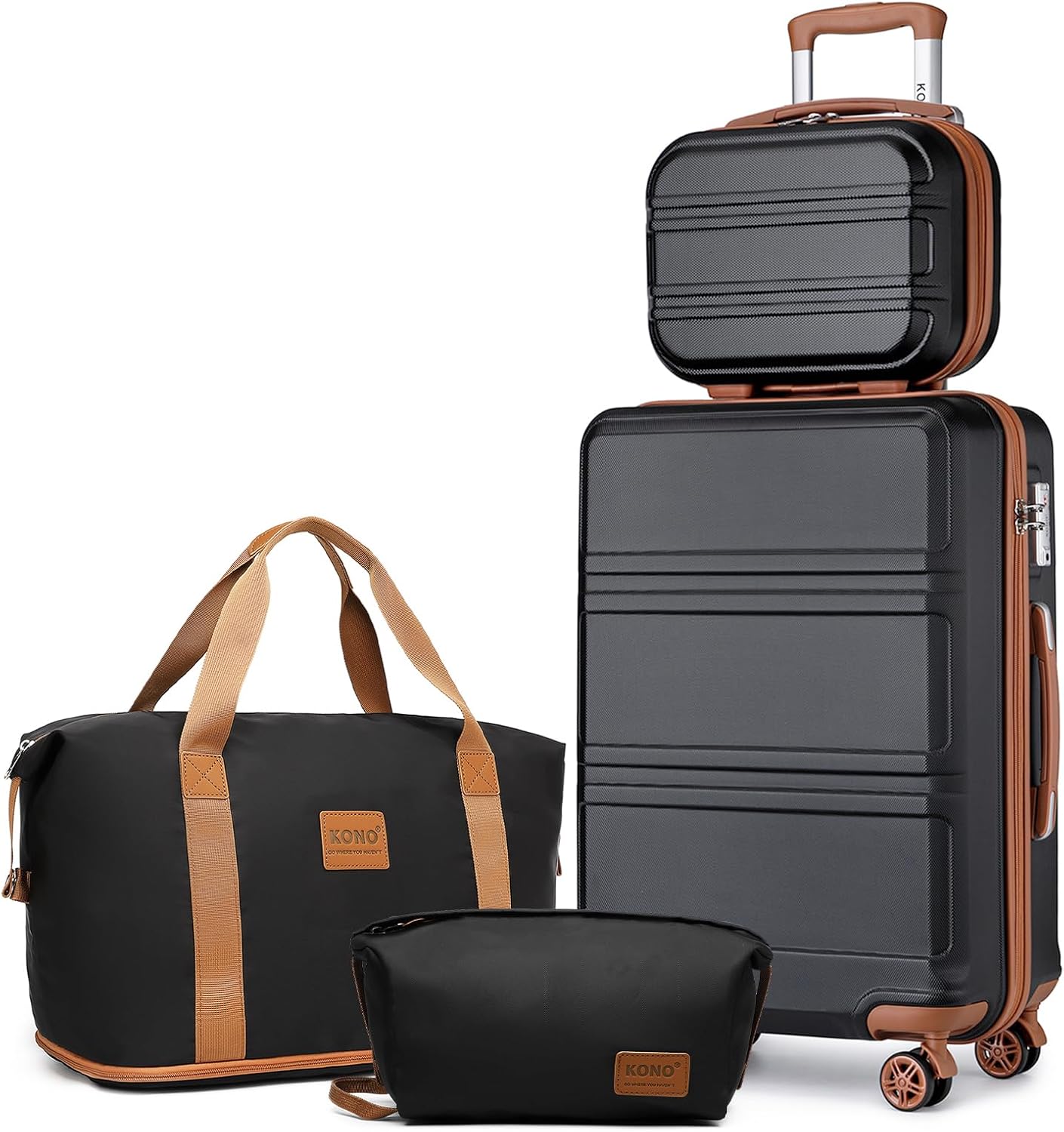 Detalle de KONO 4-tlg. Reisekoffer-Set (55 cm Handgepäck) mit Beautycase & Kulturbeutel in Schwarz/Braun