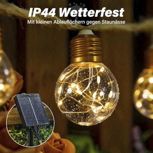 Detalle 2 de Ollny Solar Lichterkette Outdoor 8 m mit 16 LED Glühbirnen – warmweiß, 8 Modi