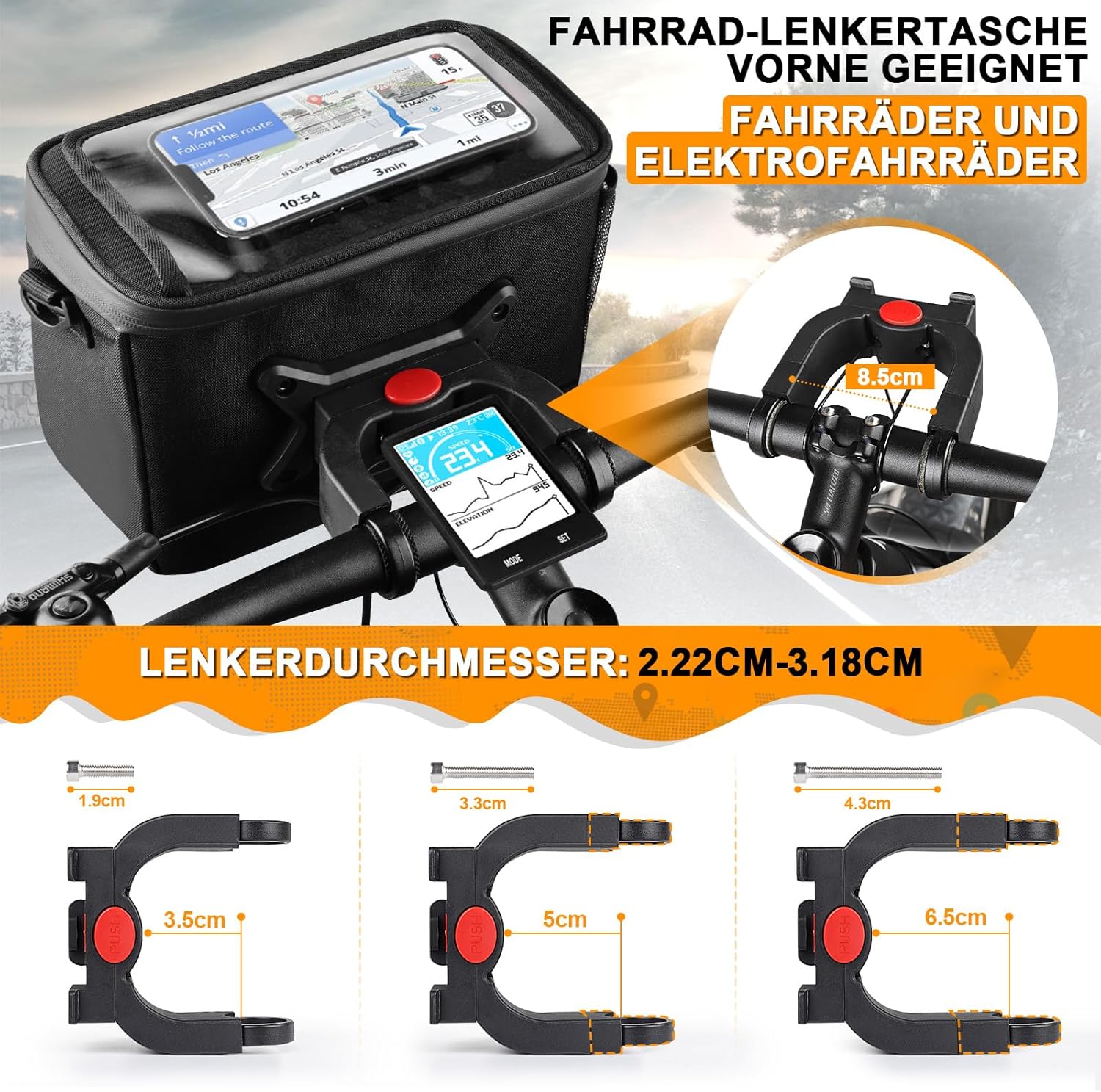 Detalle de GXCROR Lenkertasche Fahrrad 5.5L – Wasserdicht, Touchscreen-Handyhalterung & 3-in-1 Montage