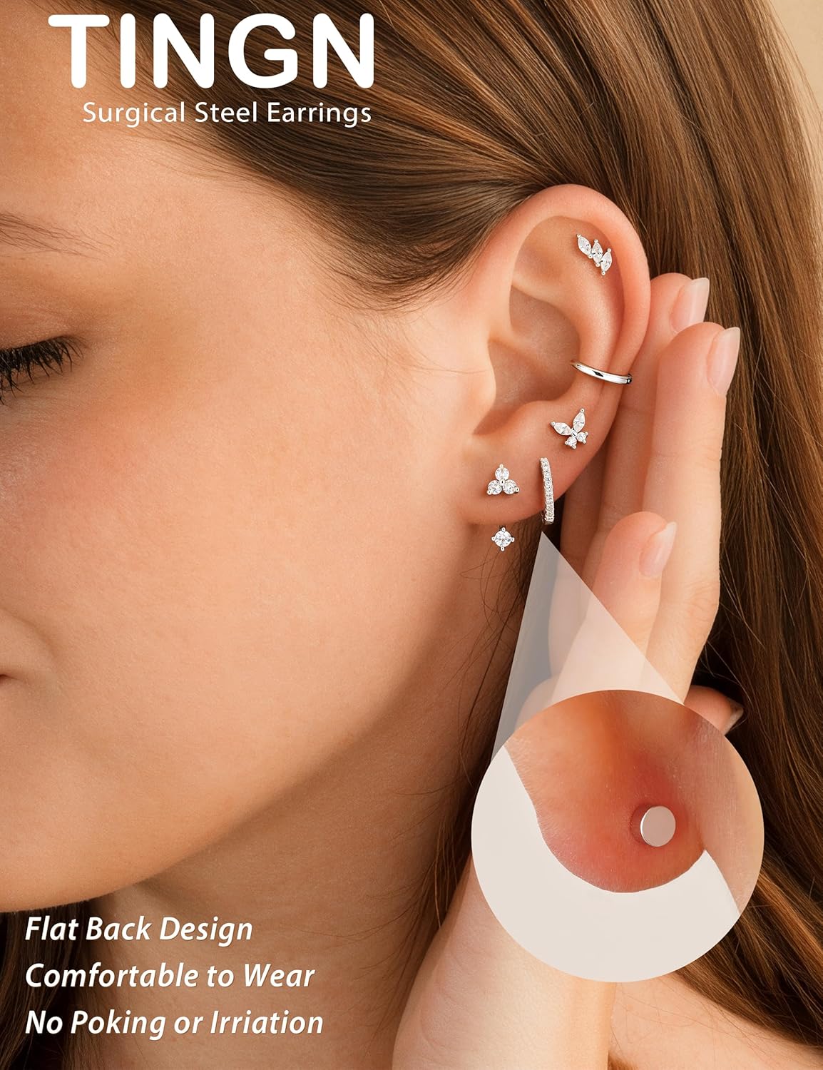 Detalle de TINGN 7‑Paar hypoallergenes Ohrring-Set in Silber und Gold – 14K vergoldet, Zirkonia, vielseitig kombinierbar