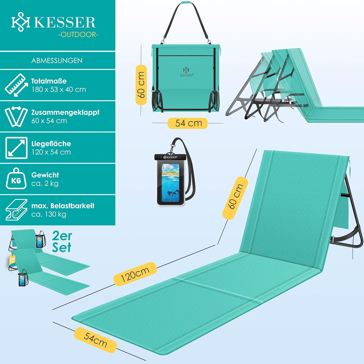 Thumbnail 1 de KESSER 2er Set Strandmatte klappbar mit Verstellbarer Rückenlehne – belastbar bis 130 kg