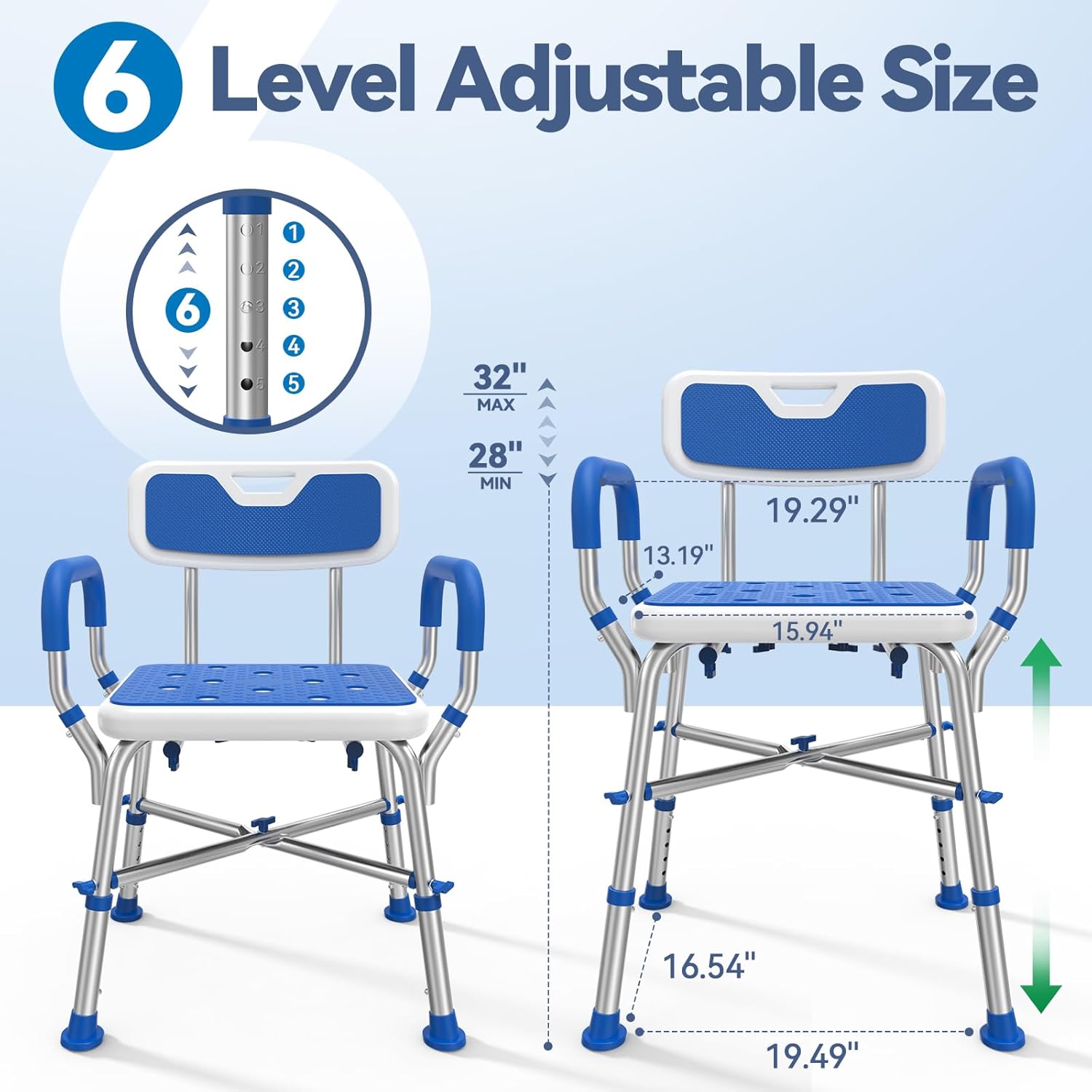 Detalle de Loyoda Shower Chair for Inside Shower – Heavy-Duty, Height-Adjustable, 500lb Capacity