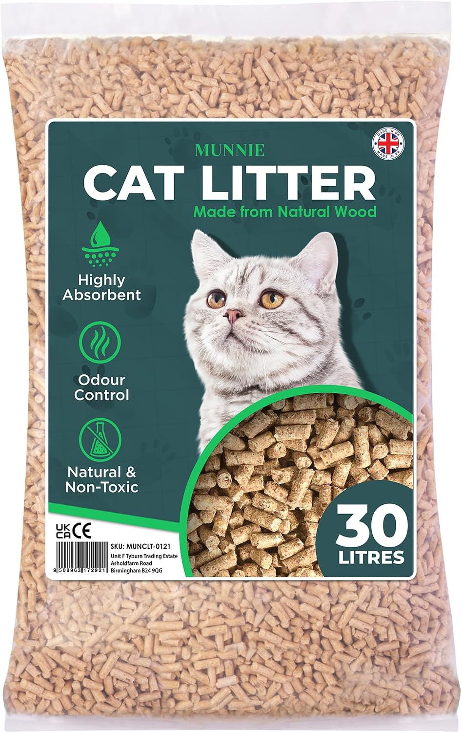 Detalle de Munnie Cat Litter 30L – Biodegradable, Dust-Free, Unscented Wood Pellets for Cats & Kittens