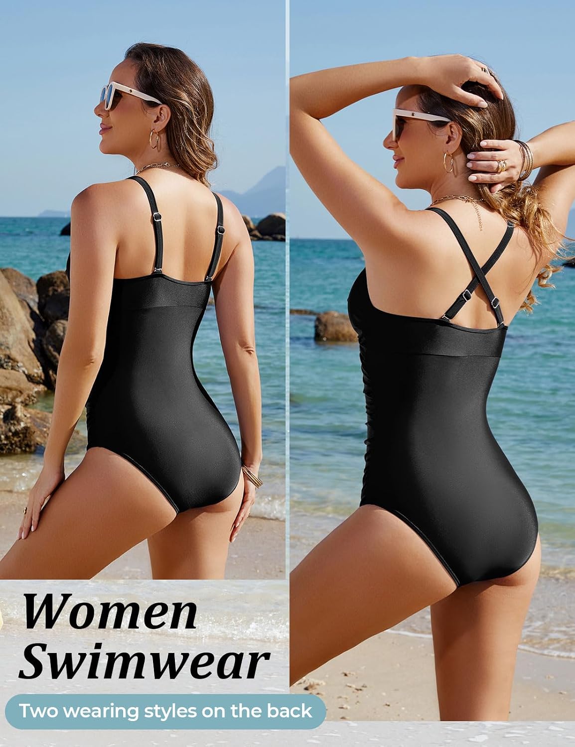 Detalle de Tuopuda Costume da Bagno Intero da Donna con Scollatura a V Push Up – controlla la pancia e valorizza la silhouette