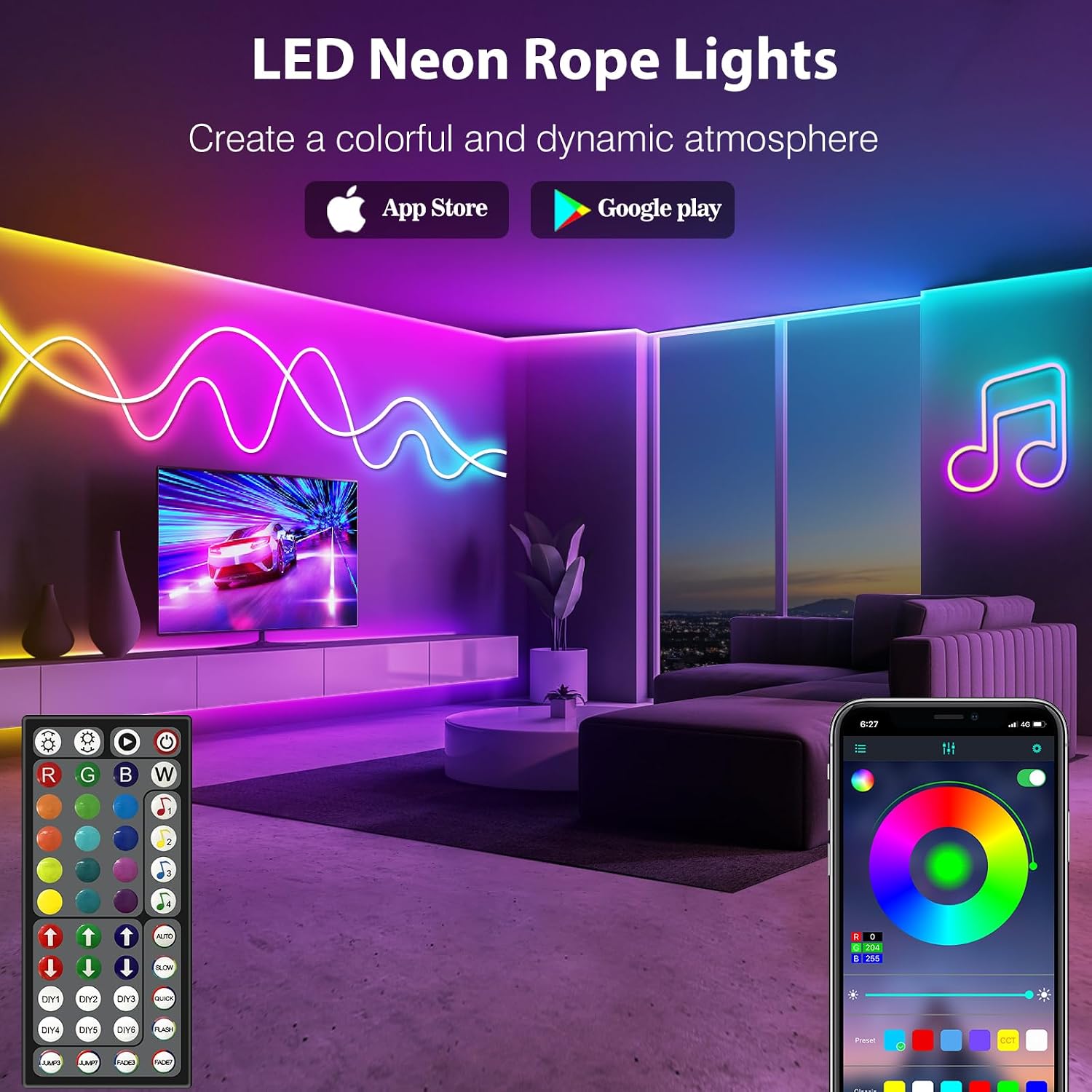 Detalle de AILBTON Led string light Neon Rope Lights, 32.8 ft RGB, App and Remote Control