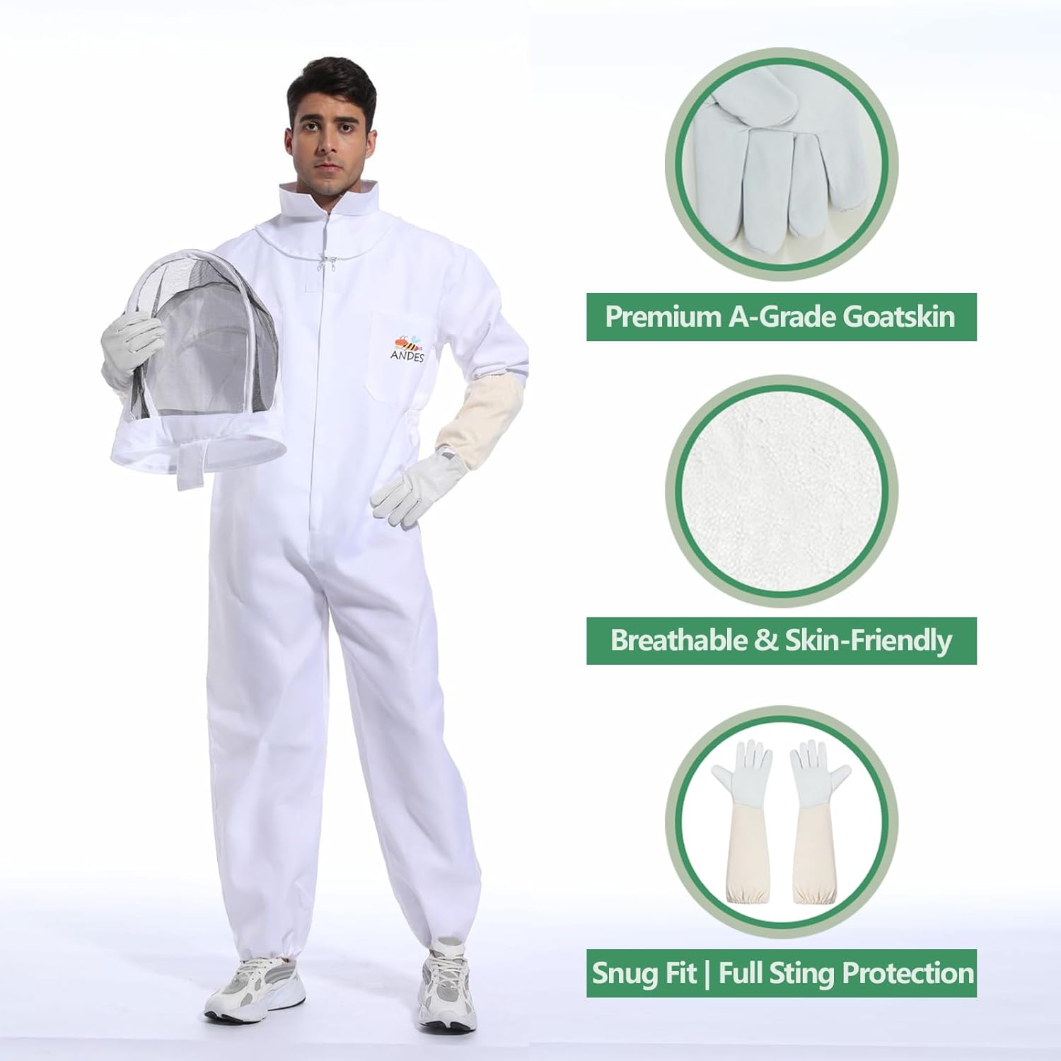 Detalle de ANDES Beekeeping Suit, XX-Large for 6'3"–6'5", Gloves and Fencing Veil