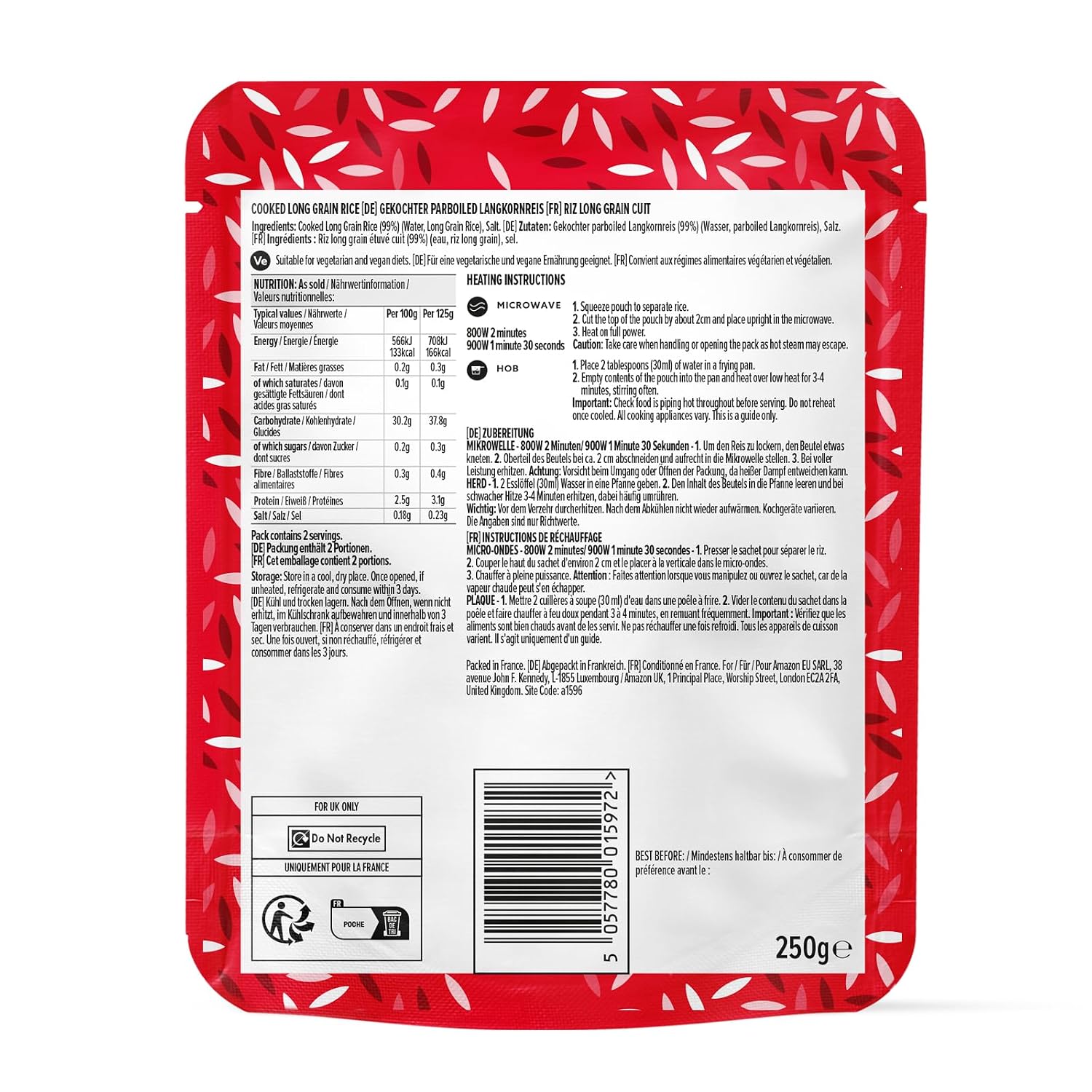 Detalle de By Amazon Langkornreis, 250 g – Parboiled Langkornreis, 2 Portionen, vegetarisch/vegan
