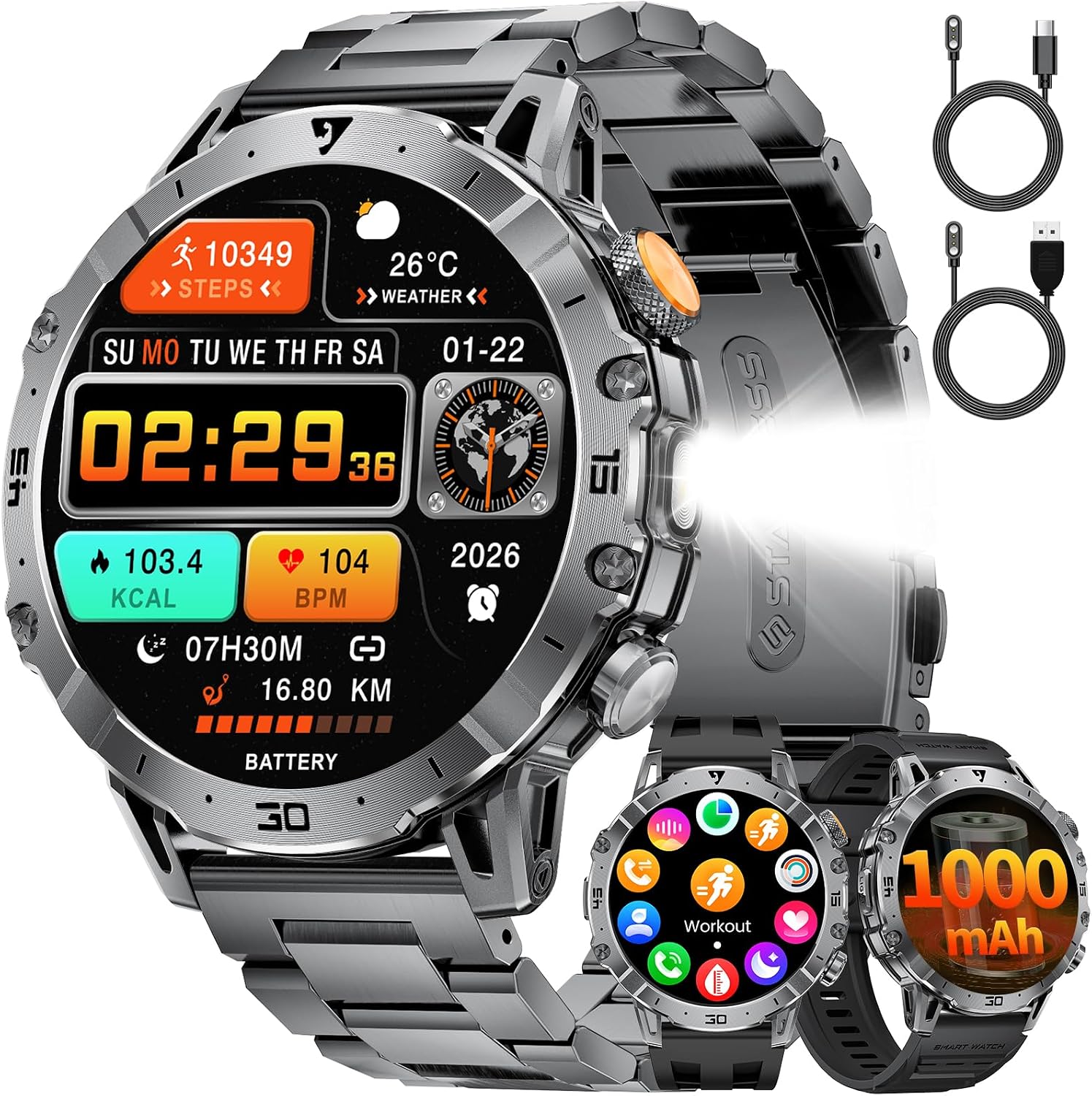 Detalle de 1000mAh Smartwatch Uomo Militare con Chiamata Bluetooth e 1,7'' Display – IP68, 110+ Modalità Sportive