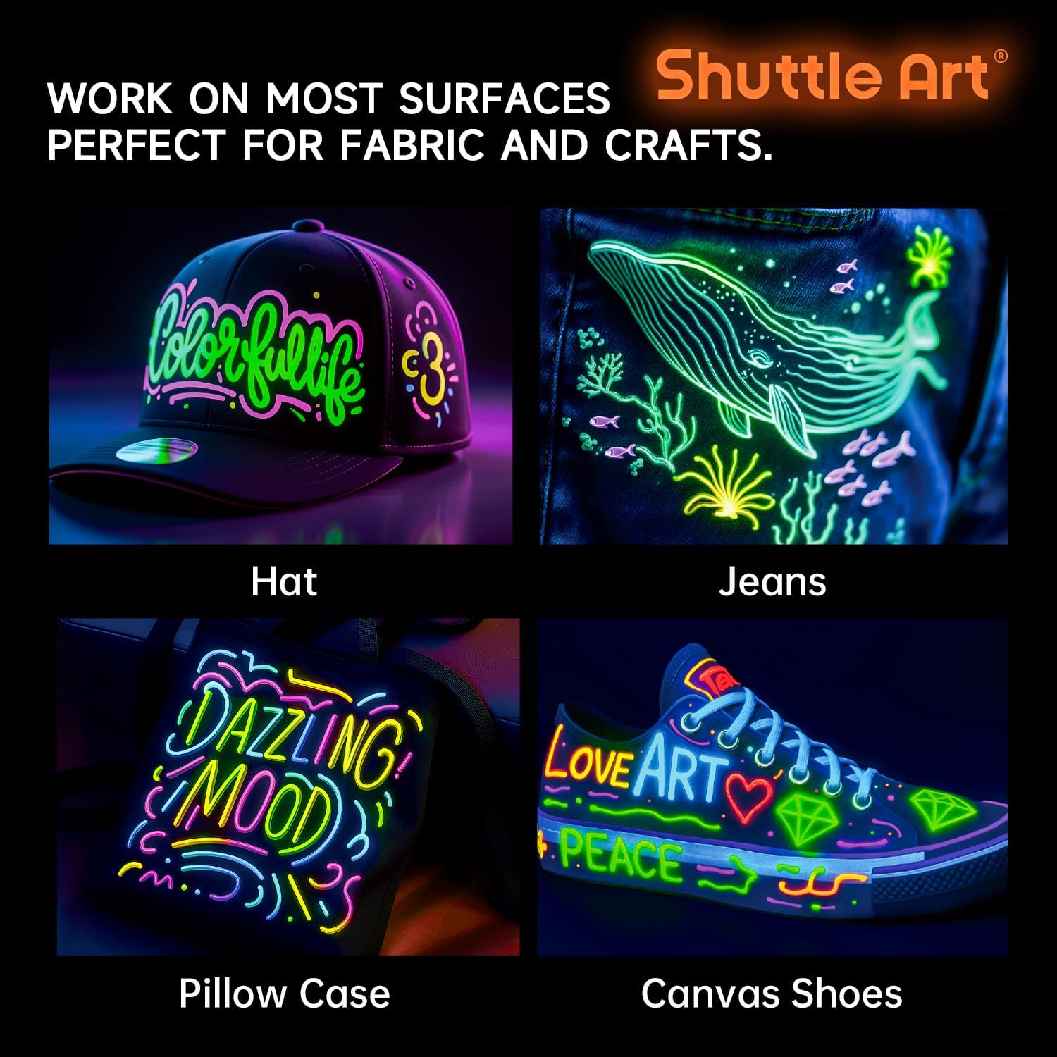 Thumbnail 6 de Shuttle Art 3D Textilfarbe „Glow in the Dark“ – 26 fluoreszierende Stoffmalfarben (waschmaschinenfest) für T-Shirts & Co.
