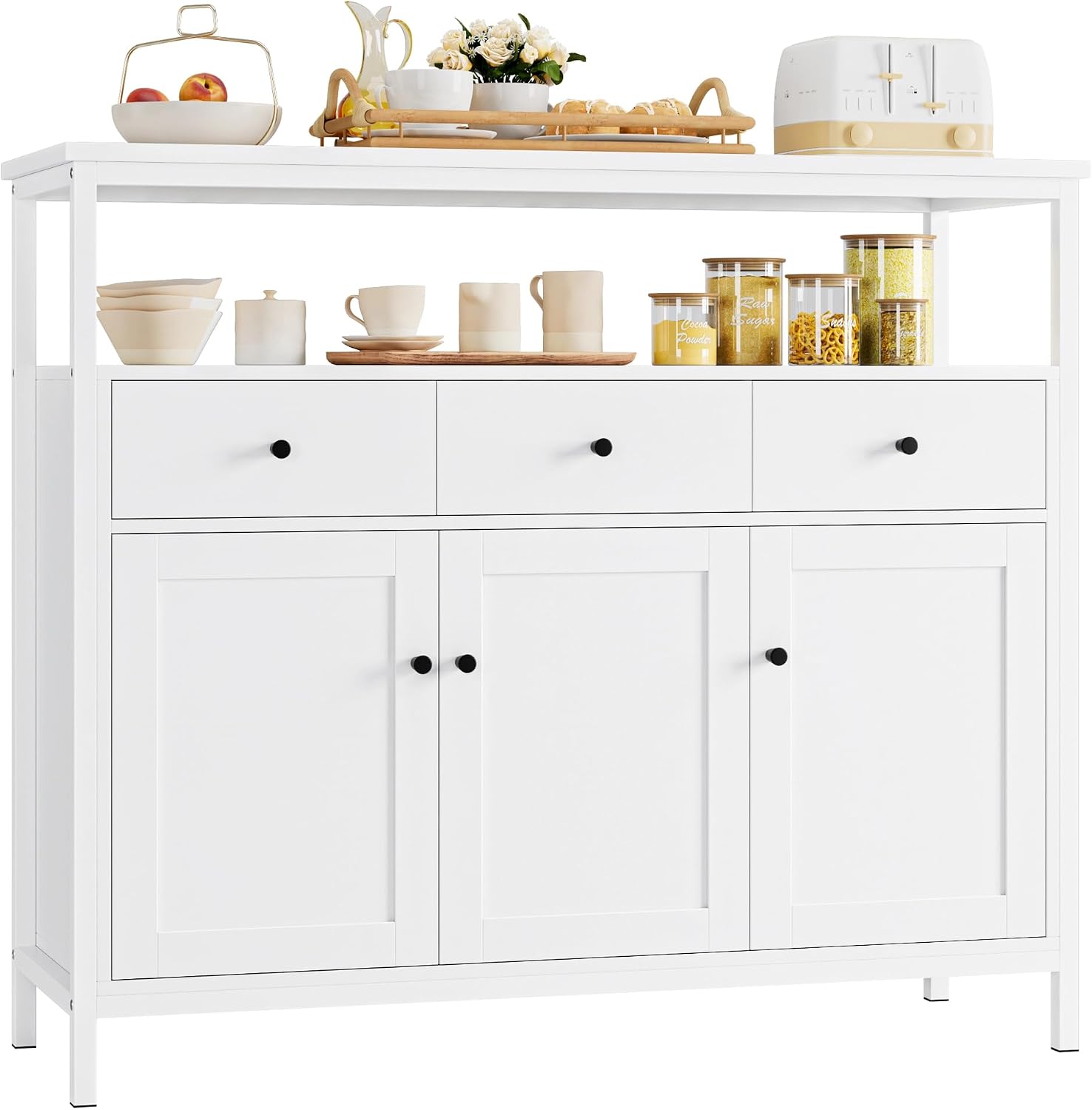 Detalle de FirFurd P030 White Sideboard Storage Cabinet with 3 Doors, 3 Drawers and Adjustable Shelves