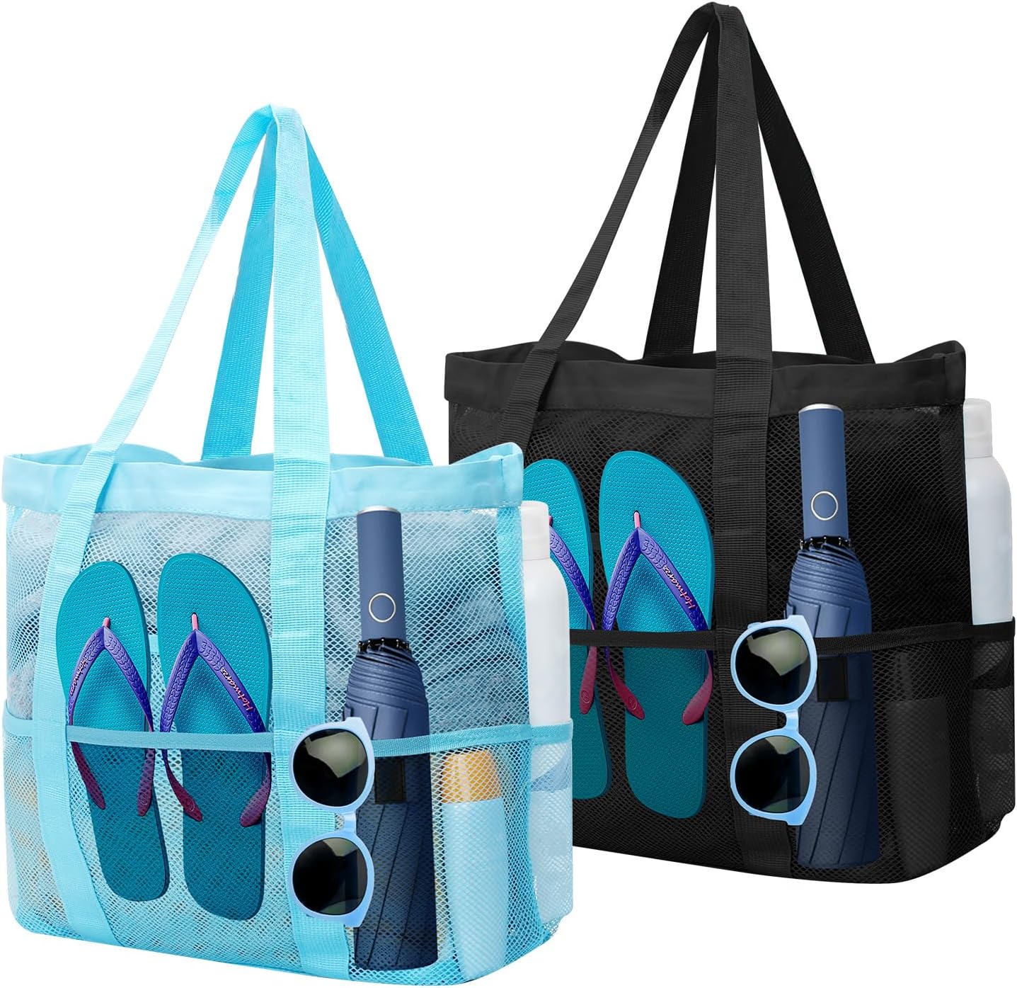 Detalle de 2er-Set Große Strandtasche für Damen – Netz-Design, Reißverschluss, Blau/Schwarz