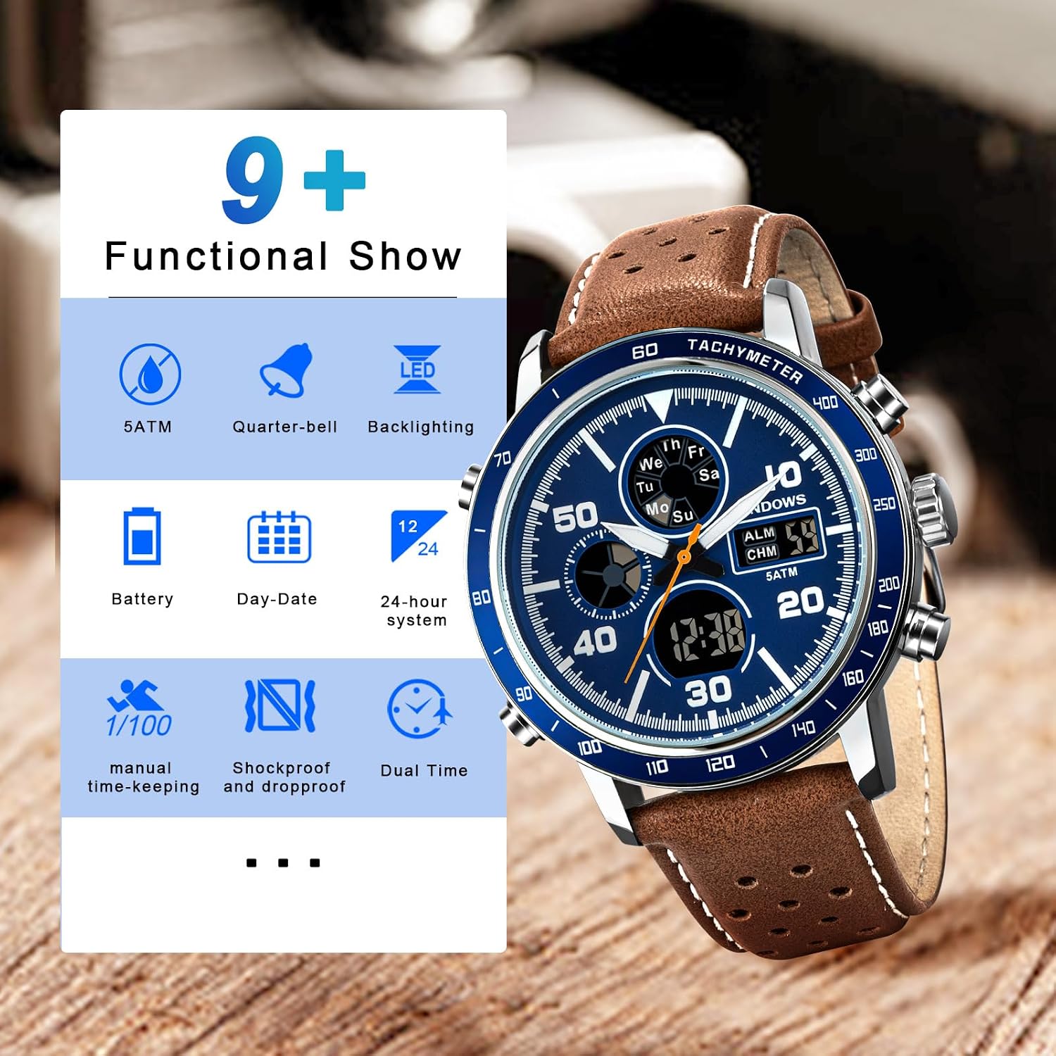 Detalle de PINDOWS Herrenuhren – Multifunktionale Lederuhr mit Dualzeit, 30 m Wasserdicht