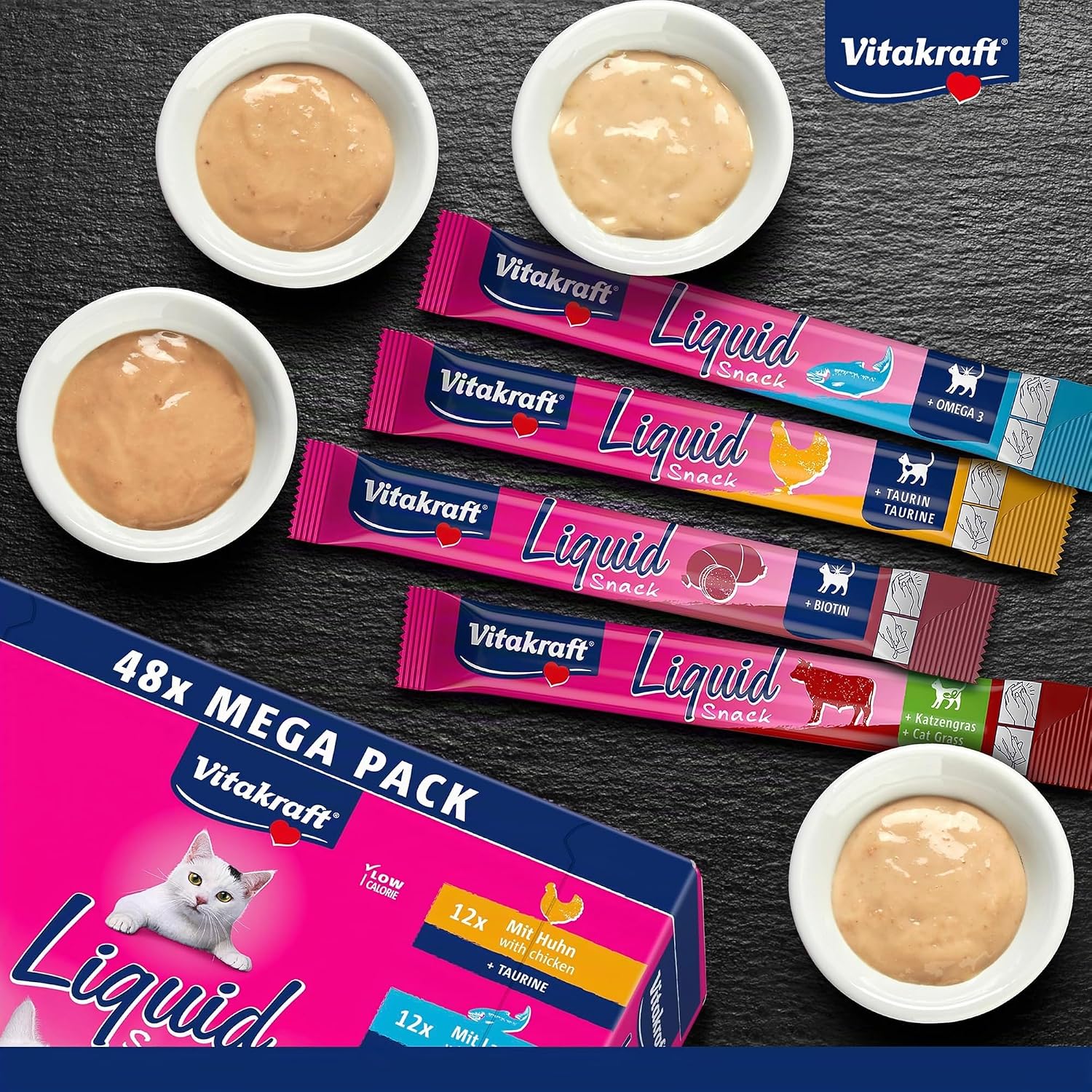 Detalle 2 de Vitakraft Liquid Snack per gatti — Mega Pack cremose con manzo, pollo e salmone (48x15g)