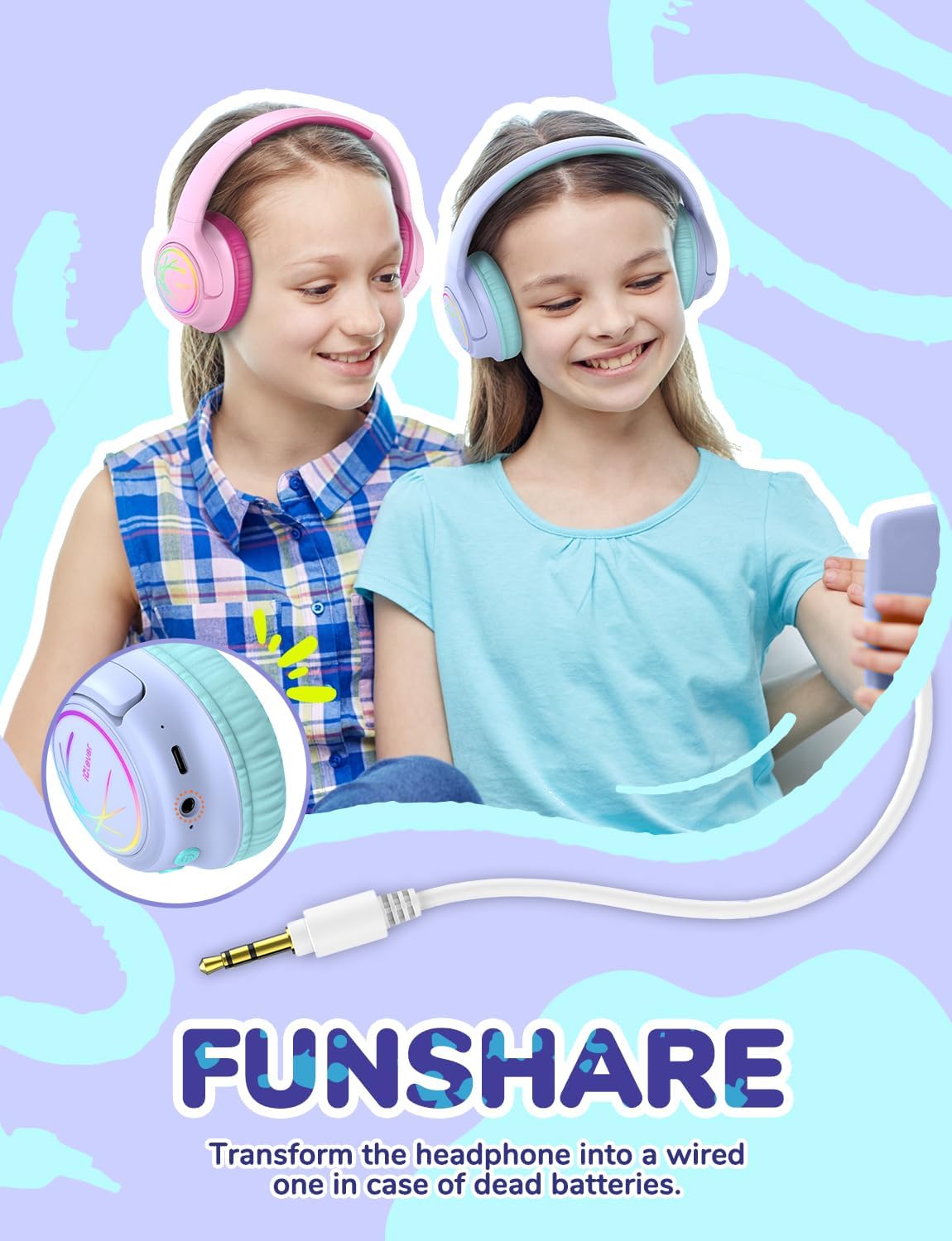 Thumbnail 6 de iClever Kinder Bluetooth-Kopfhörer mit LED-Leuchten – 43 Stunden Spielzeit, Bluetooth 5.3, Typ-C & AUX