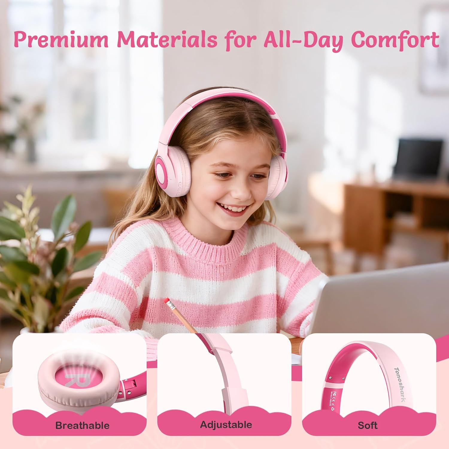 Thumbnail 2 de TONOSHARK Kids Wireless Headphones with ANC – Lightweight, Foldable & Long-Lasting (Pink)