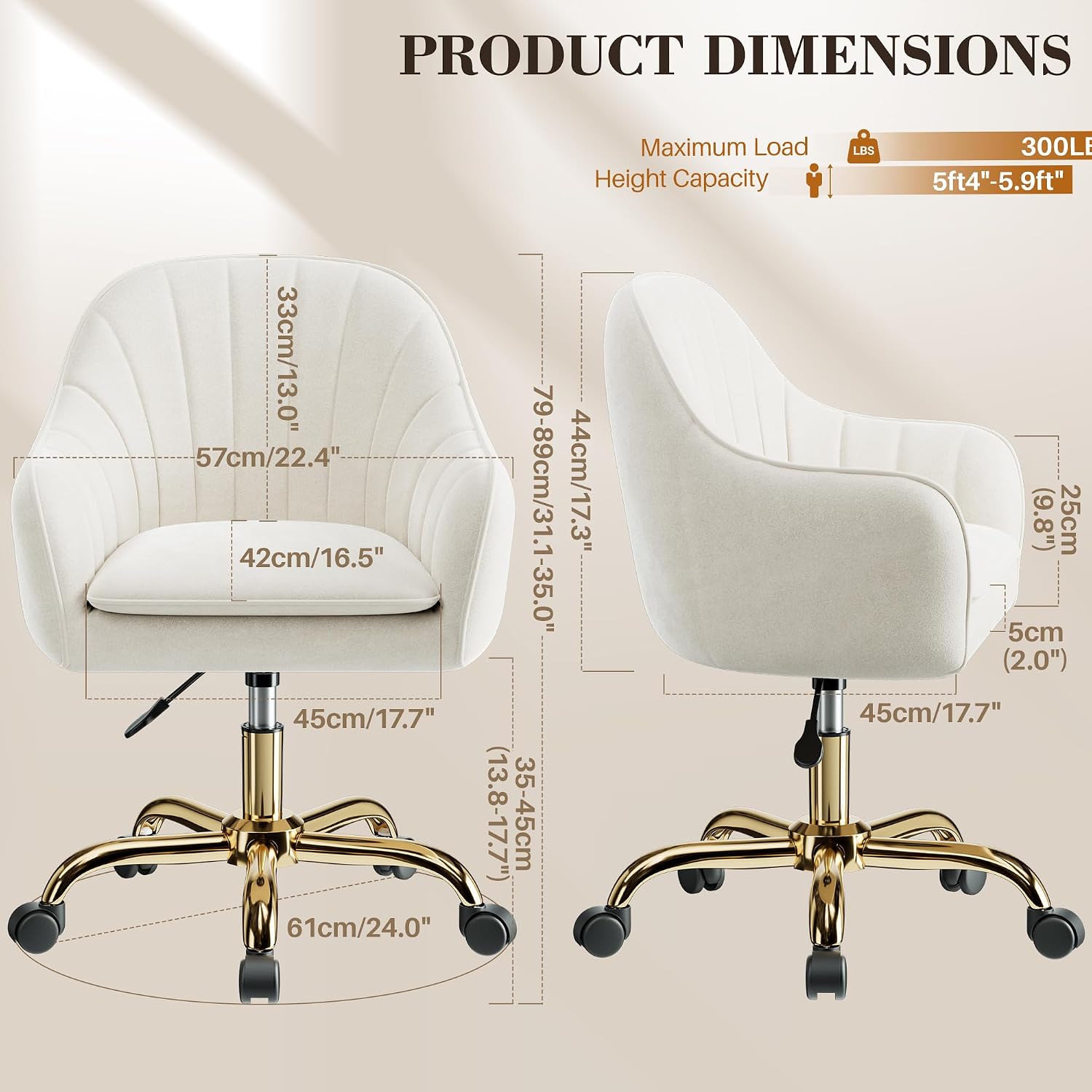 Detalle de BestEra P10 Velvet Vanity Chair with Wheels, Adjustable Height, Beige
