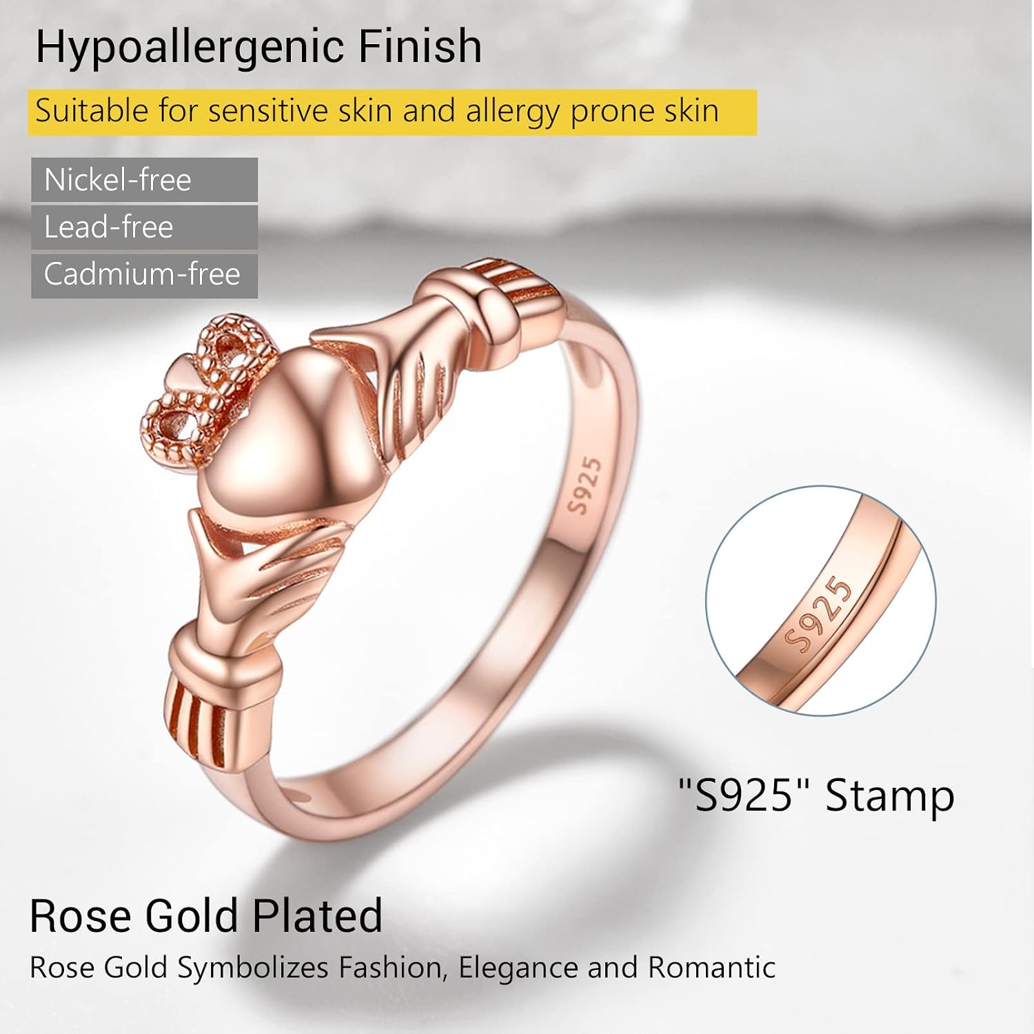 Detalle 2 de PROSILVER Bague celtique Irlandaise Claddagh/Tríquetra en argent 925, plaqué or rose, personnalisable (taille 47-67)