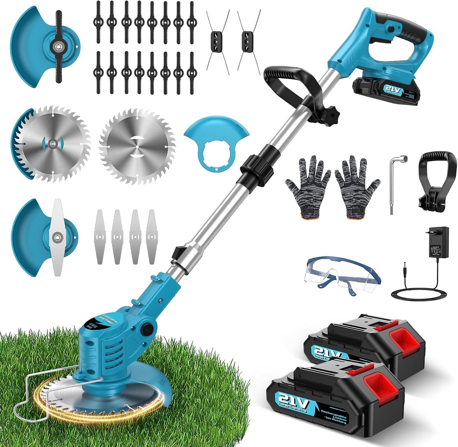 Detalle de Decespugliatore a Batteria 21V 500W con Kit 2 Batterie e 4 Lame: pratico, versatile e pieghevole