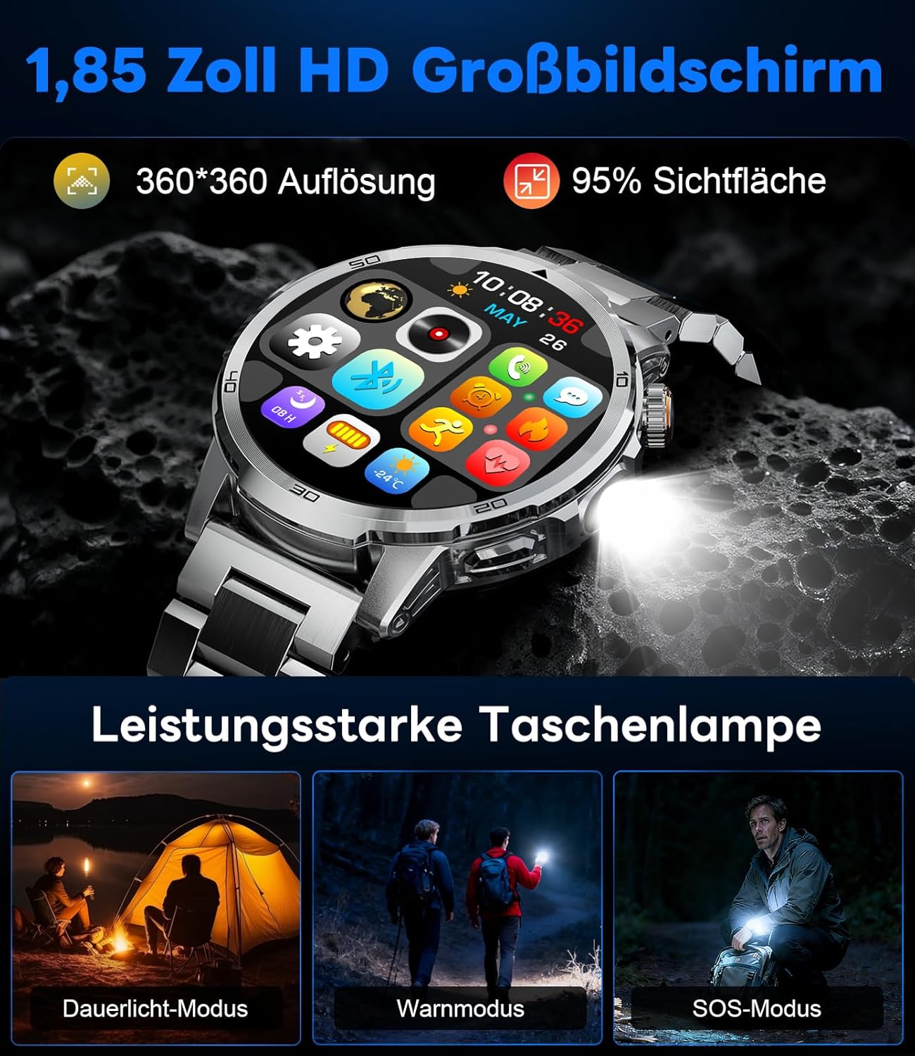 Thumbnail 1 de CHOOSETIME Montre Connectée Homme – Écran 1,85 pouce, 1000 mAh, IP68, Appels Bluetooth et 100+ modes sportifs