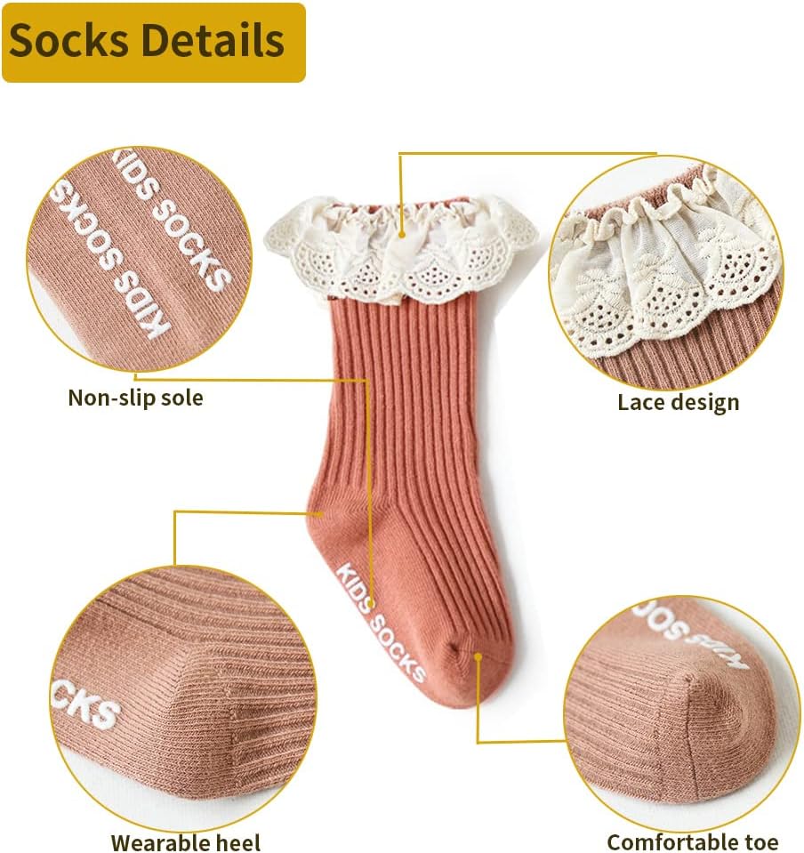 Detalle de HXQLXGT 4 Pack Baby Girls' Cotton Knee-High Socks with Lace (0–3 Years)