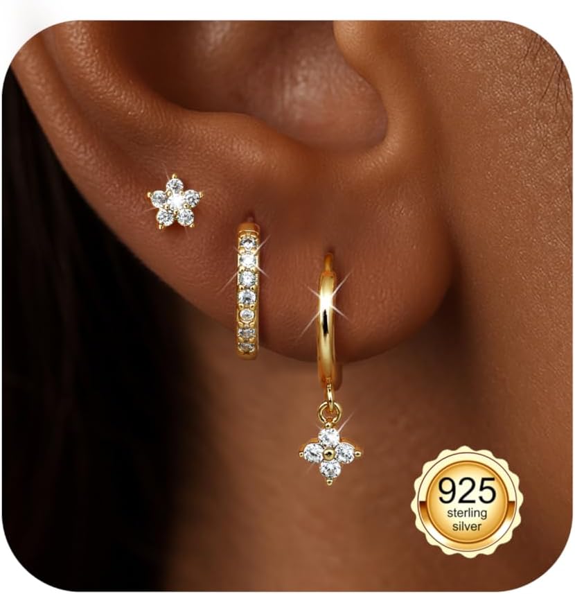 Detalle de Diamday 3 Paar Ohrringe Silber 925 – Creolen & Ohrstecker Set, hypoallergen, 14K-Gold vergoldet