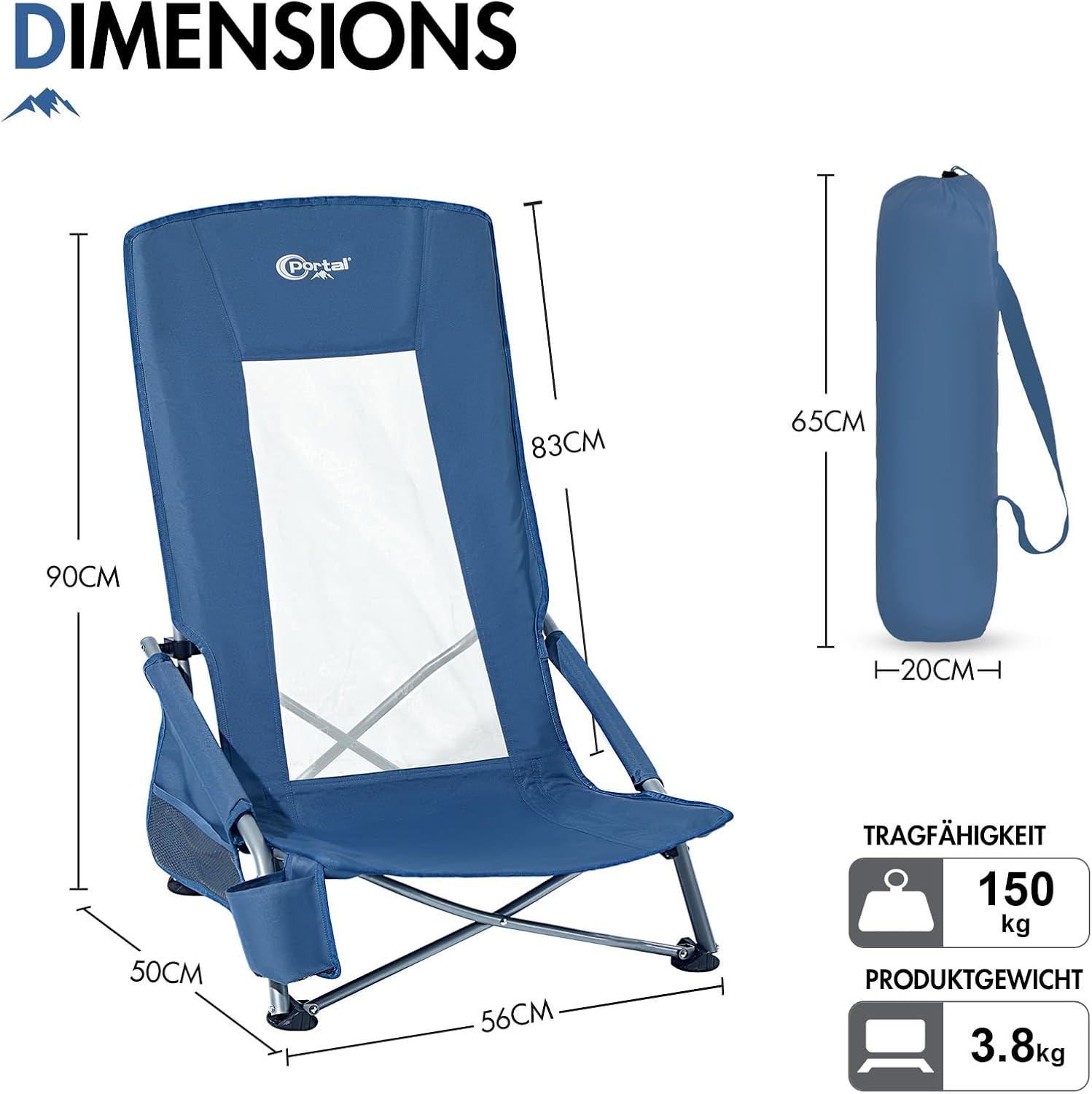 Thumbnail 2 de Portal Strandstuhl klappbar mit Hochlehner – leichter Campingsessel bis 150 kg mit Transporttasche