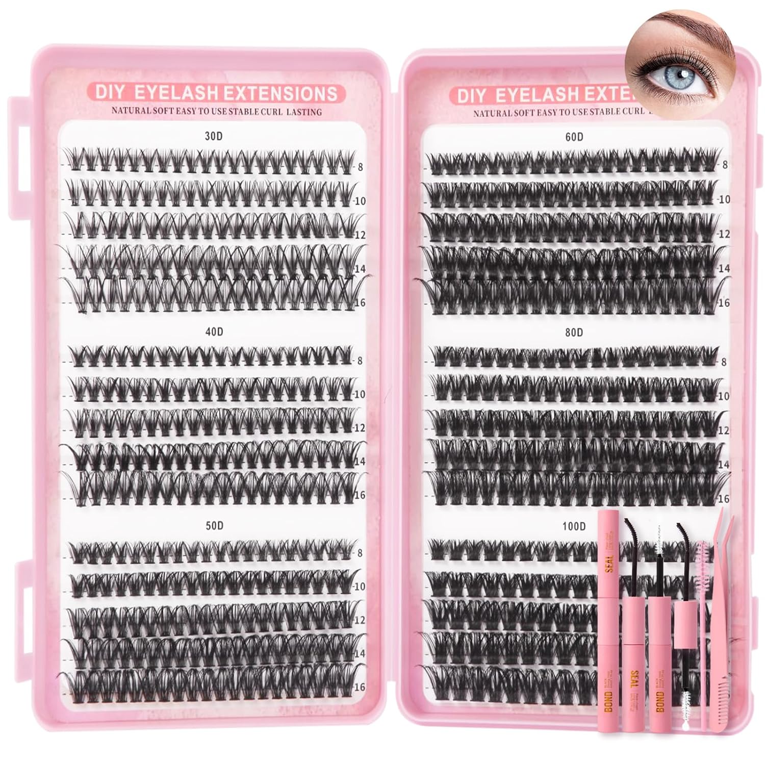 Detalle de Inexorablex Wimpern Extensions Set – Cluster Lash (8–16 mm) mit Lash Bond & Seal, Pinzette & Pinsel (570 pcs)