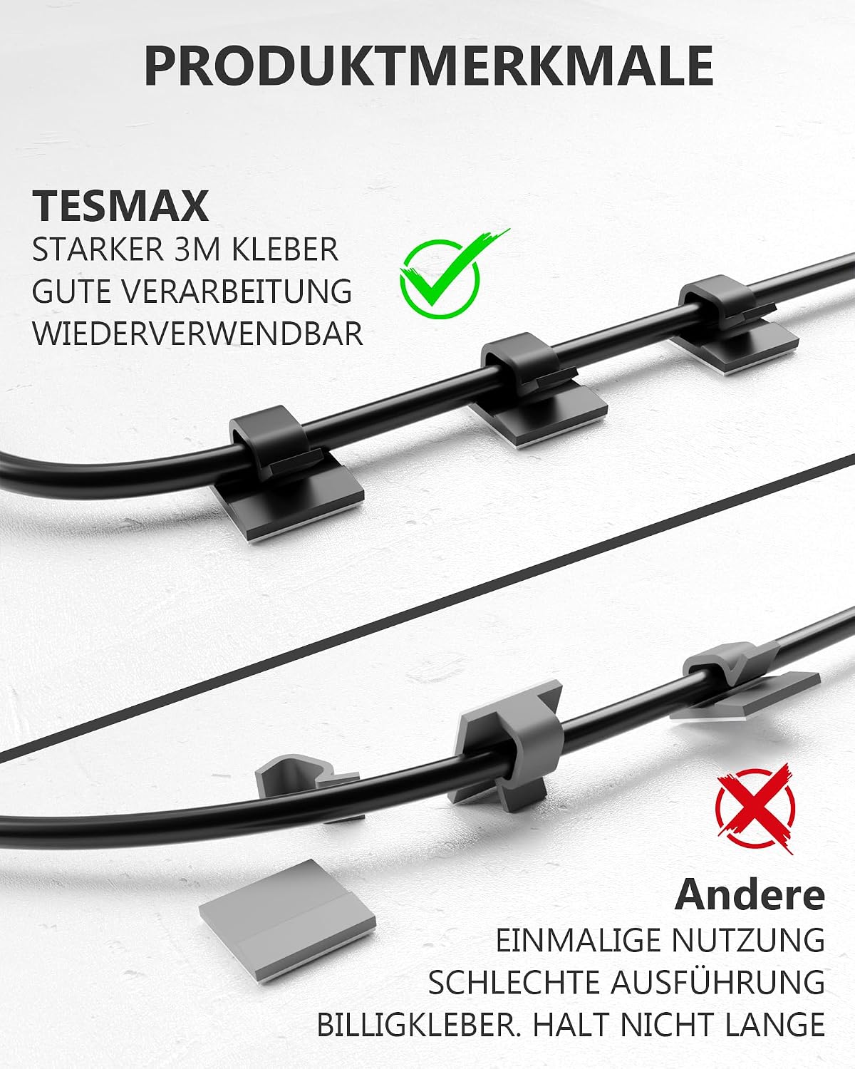 Detalle de Tesmax 50 selbstklebende Kabelhalter (Kabelclips) in Schwarz für sauberes Kabelmanagement