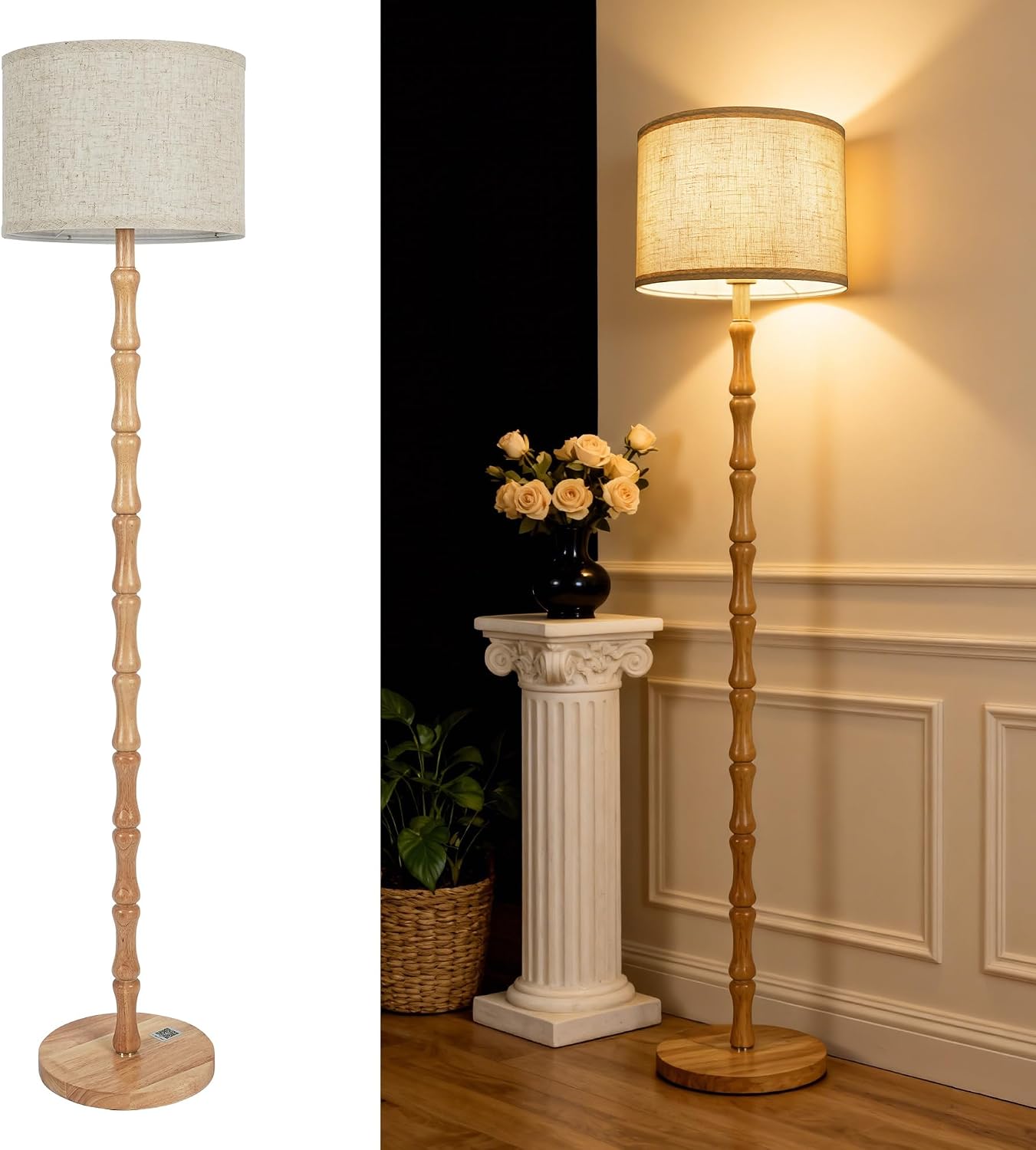Detalle de LuminexDesigns Wood Floor Lamp for Living Room (167cm) — Natural Oak with Beige Linen Shade, E27 Socket