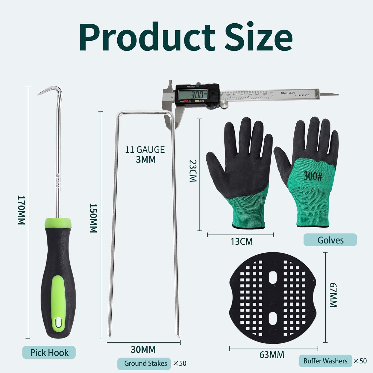 Thumbnail 2 de HuiCloud 50 Weed Control Membrane Pegs + 50 Buffer Washers Heavy Duty Metal Ground Pegs Set with Hook and Gloves