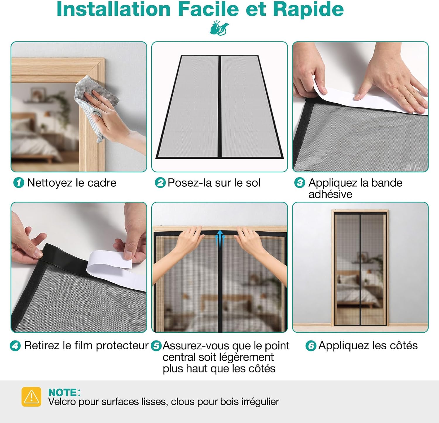 Detalle de HALIDOOR Moustiquaire Porte Fenêtre 140x210 cm – Rideau anti-moustique noir, fermeture automatique, sans perçage