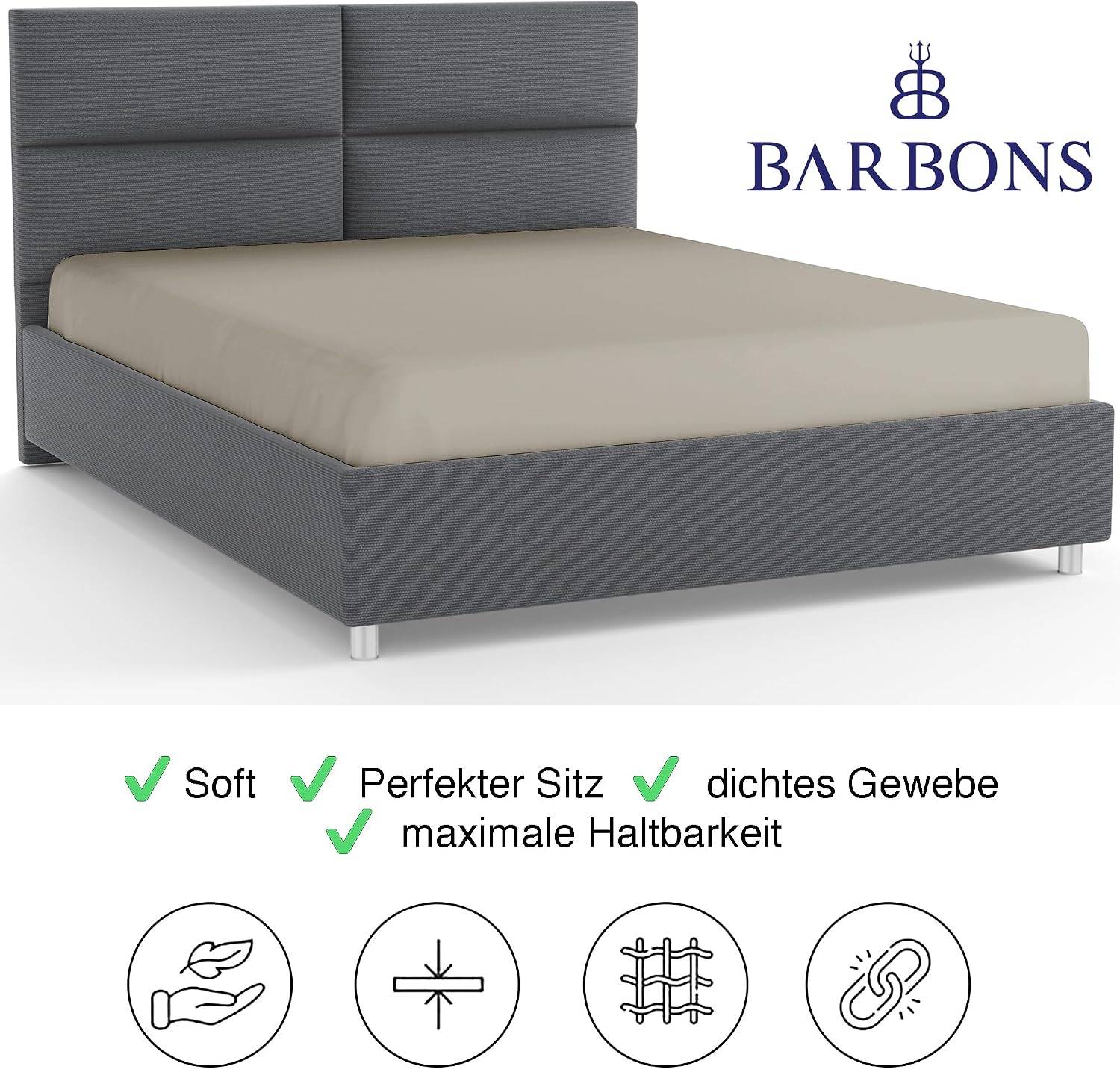Detalle 2 de BARBONS Spannbettlaken 160x200 cm aus 100% Baumwolle (Jersey), sandfarben – für Matratzen bis 27 cm