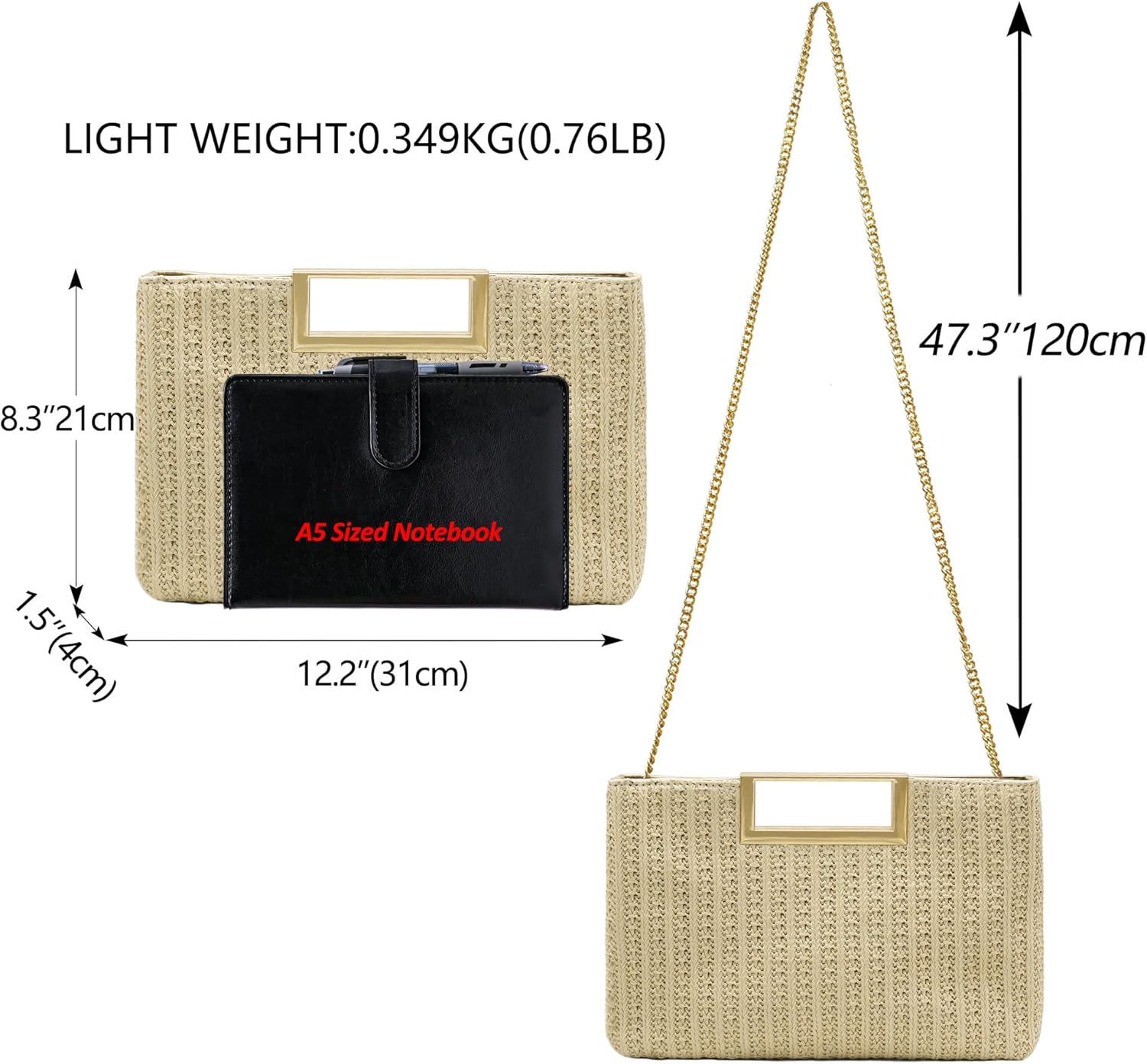 Thumbnail 3 de Milisente sac à main élégant pour femme en paille imperméable, poignée métal, idéal pour mariage