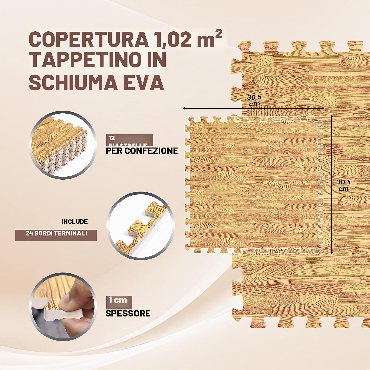 Detalle de Yes4All TDV8 Tappeto ad incastro 12SQFT, 1,1 m² – 12 piastrelle in EVA con effetto legno, incastro reversibile