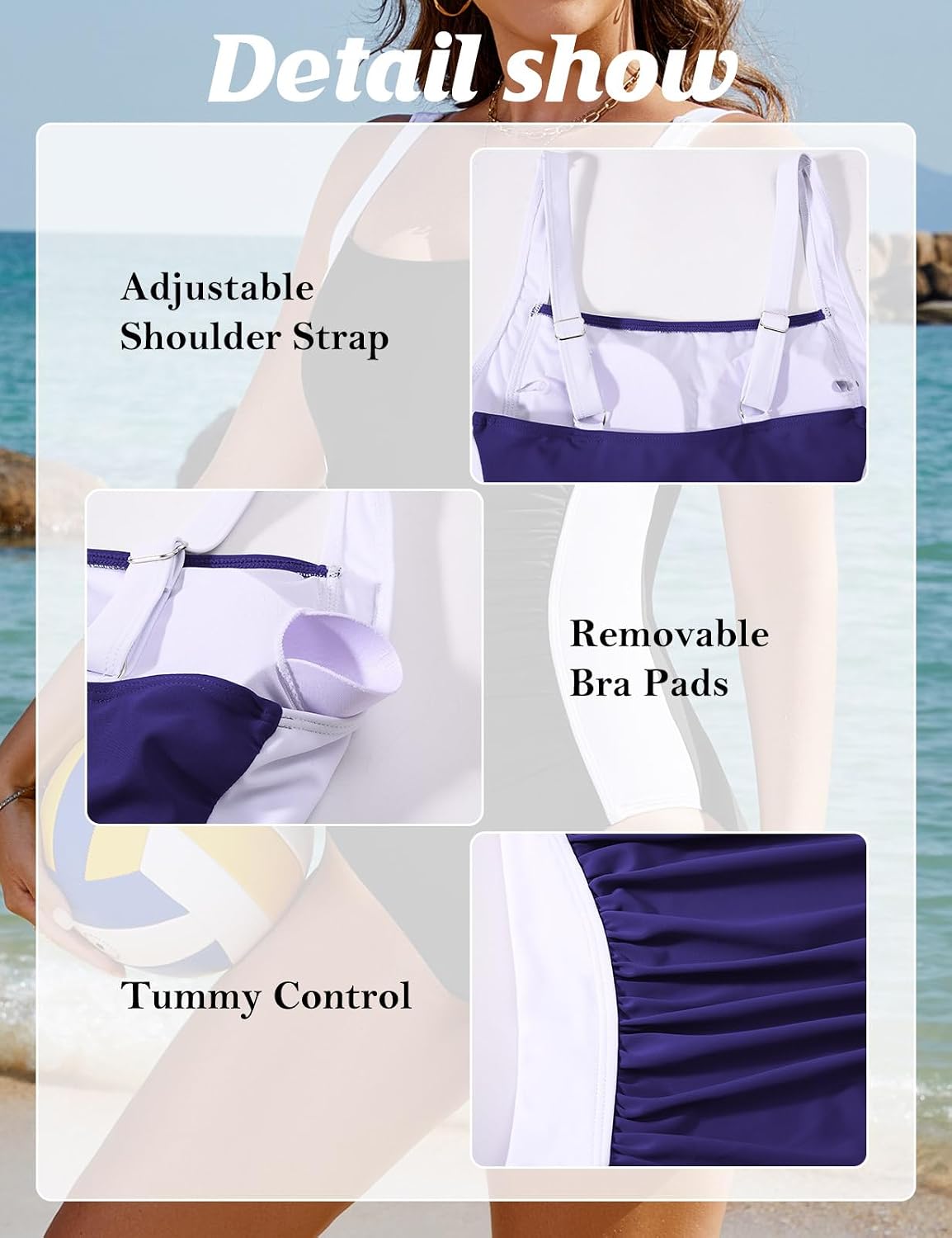 Detalle 2 de Vijamiy Damen Badeanzug „Bauchweg“ mit One-Shoulder und Push-up-Polsterung (Badeanzug einteilig, Colour-Blocking)