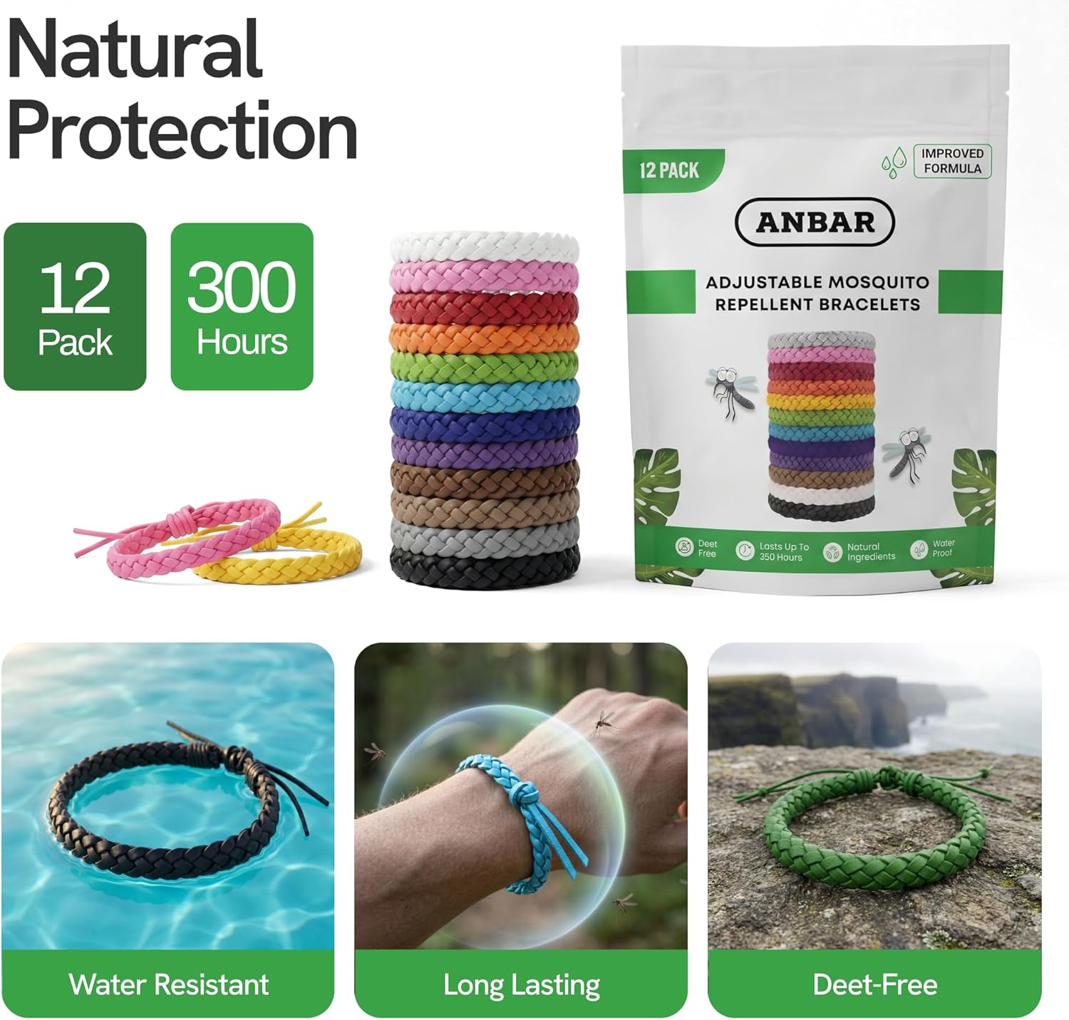 Detalle de Anbar Leather Mosquito Repellent Bracelets — 12 Pack, Deet-Free and All-Natural