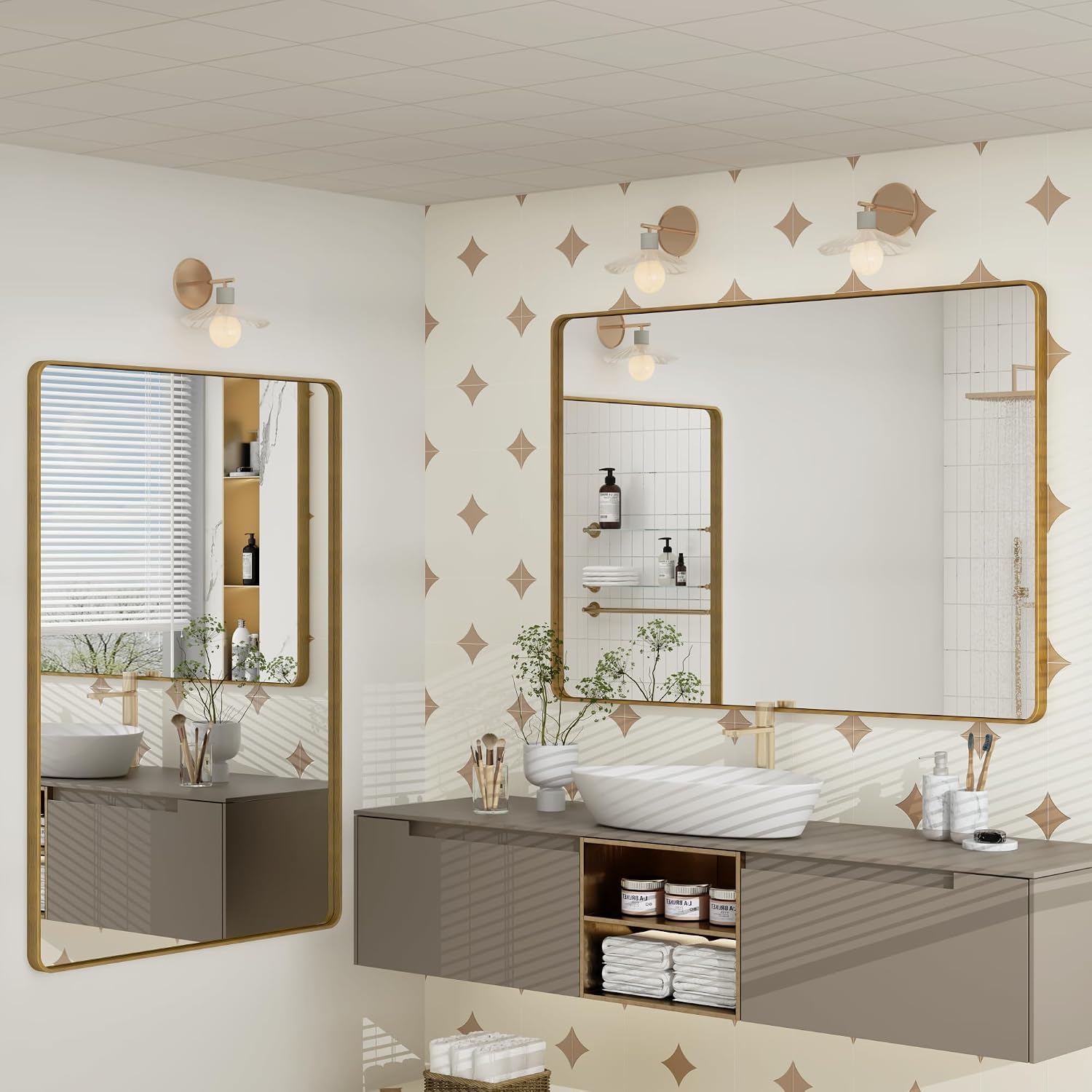 Detalle de CHARMOR 2 Pack 22x30 Gold Bathroom Mirror with Brushed Aluminum Frame
