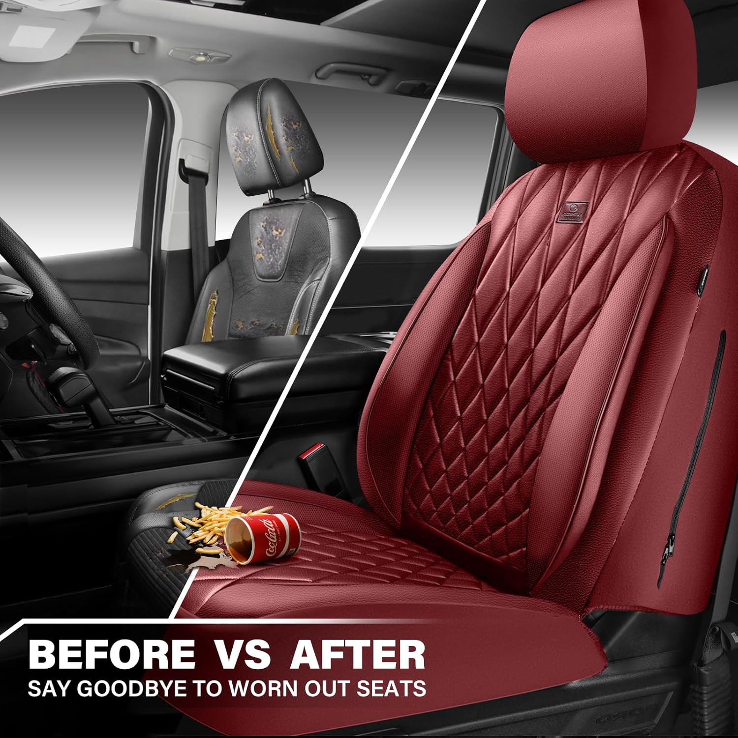 Thumbnail 4 de CAR PASS Piping Luxury Faux PU Leather Two Front Car Seat Covers (Burgundy Red) — Waterproof, Anti-Slip, Airbag Compatible