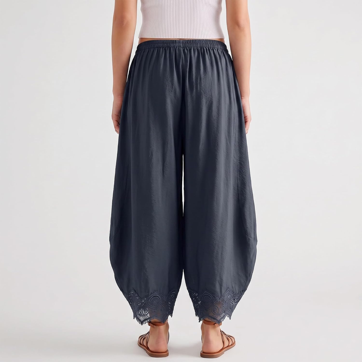 Detalle de SeeLuNa Comfy Women's Cropped Lace Hem Wide-Leg Pants