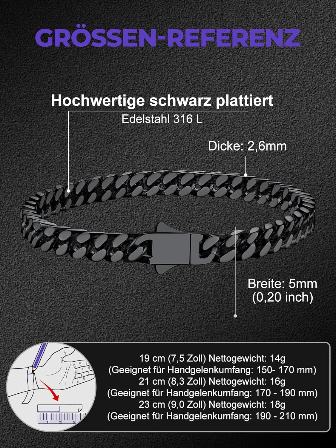 Thumbnail 5 de Richsteel Cuban Gliederarmband für Herren – Edelstahl Armband in Silber/Gold/Schwarz, Breite 5/7/9/12 mm