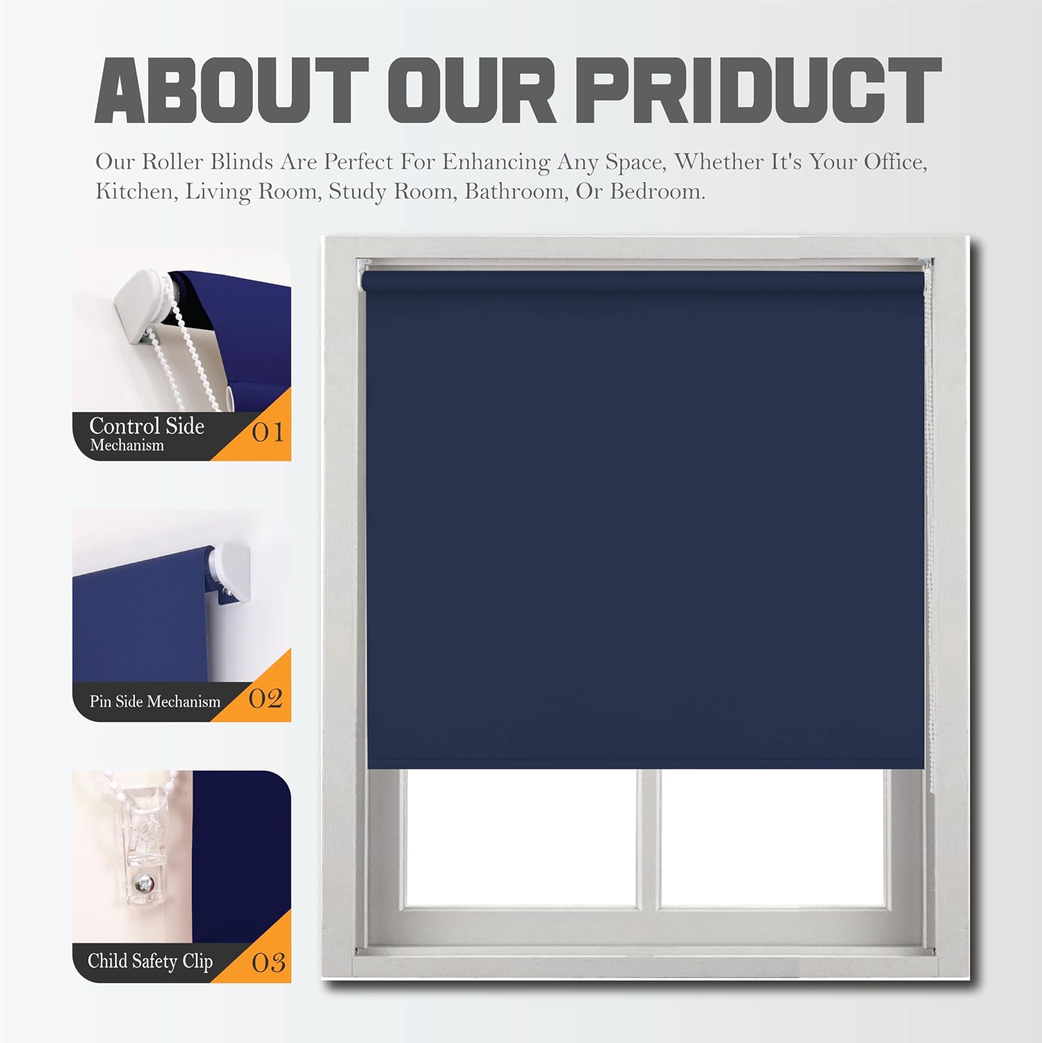 Detalle 2 de FUNKY GADGETS Blackout Roller Blinds, Navy (90cm Wide x 165cm Drop)