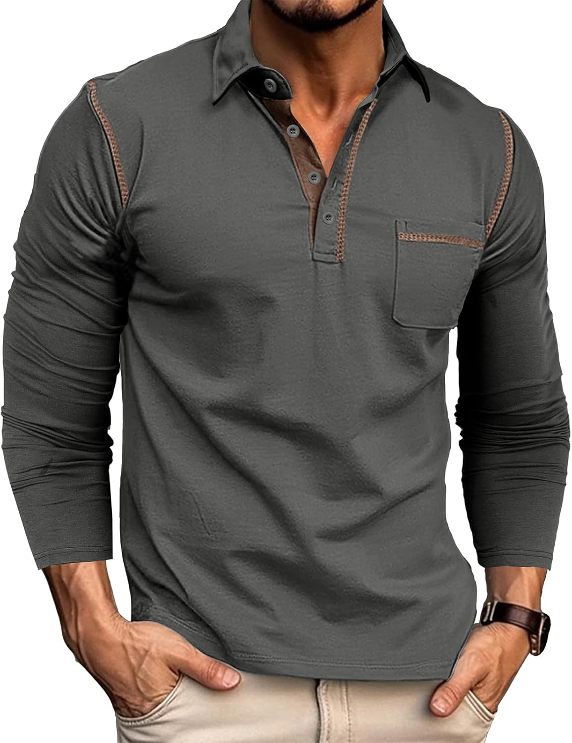 Thumbnail 5 de Herren Langarm-Poloshirt mit Brusttasche aus Baumwolle/Polyester/Elasthan