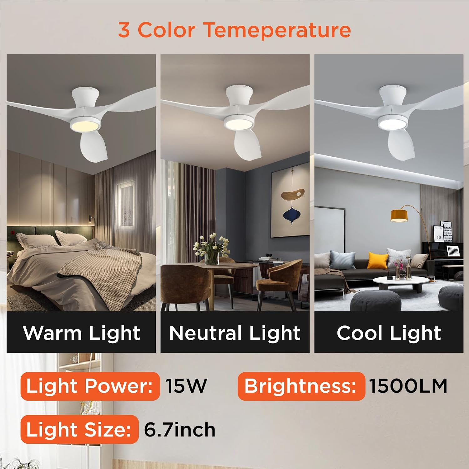 Thumbnail 3 de TALOYA 52-Inch Flush-Mount Ceiling Fan with Light, Remote, and Reversible DC Motor